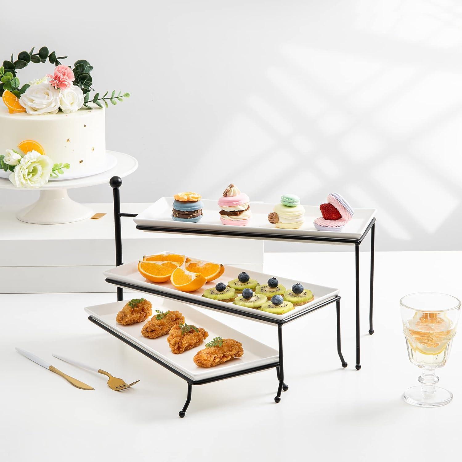 Foldable 3-Tier Black Metal Stand with White Ceramic Platters