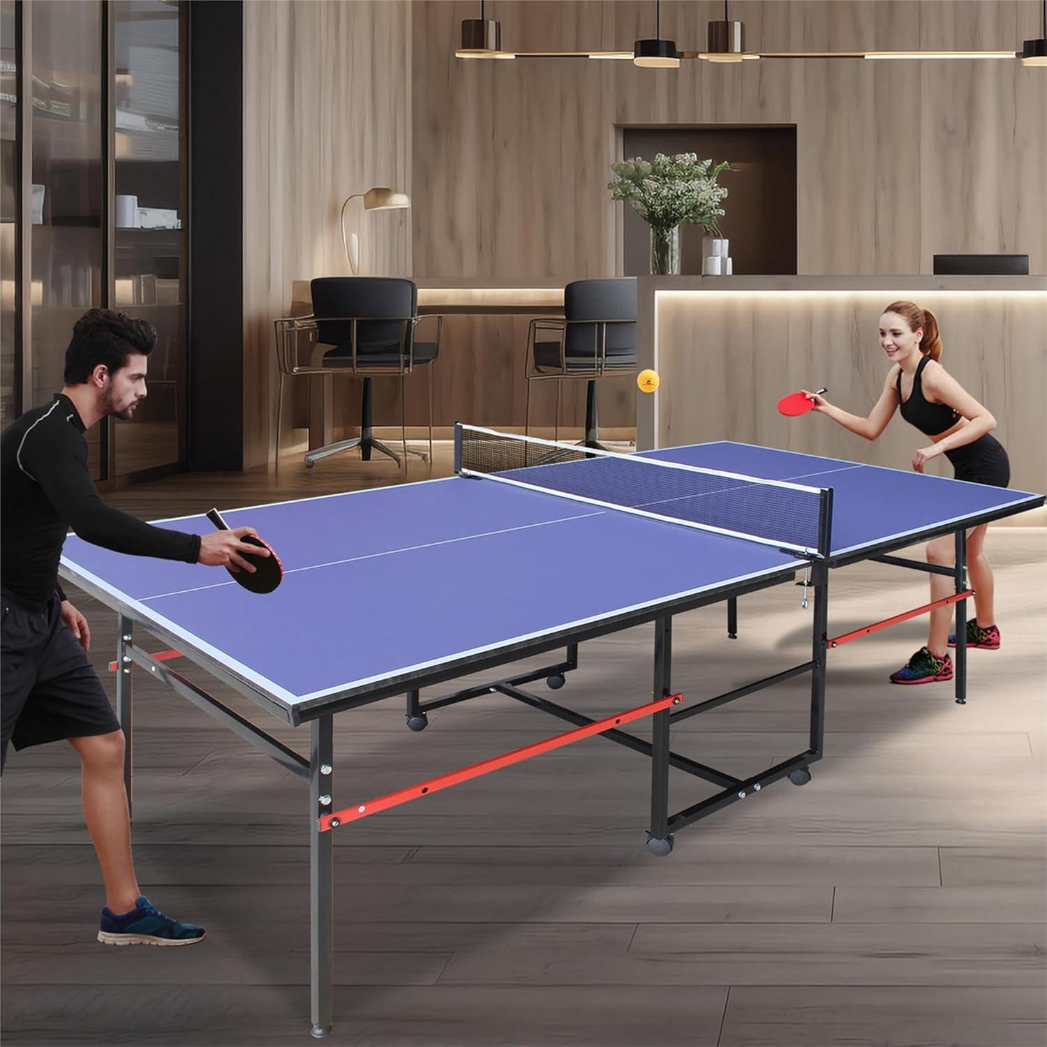 8FT Mid-Size Table Tennis Table, Foldable & Portable Ping Pong Table Set for Indoor & Outdoor Games with Net, 2 Table Tennis Paddles and 3 Balls, Blue+Black