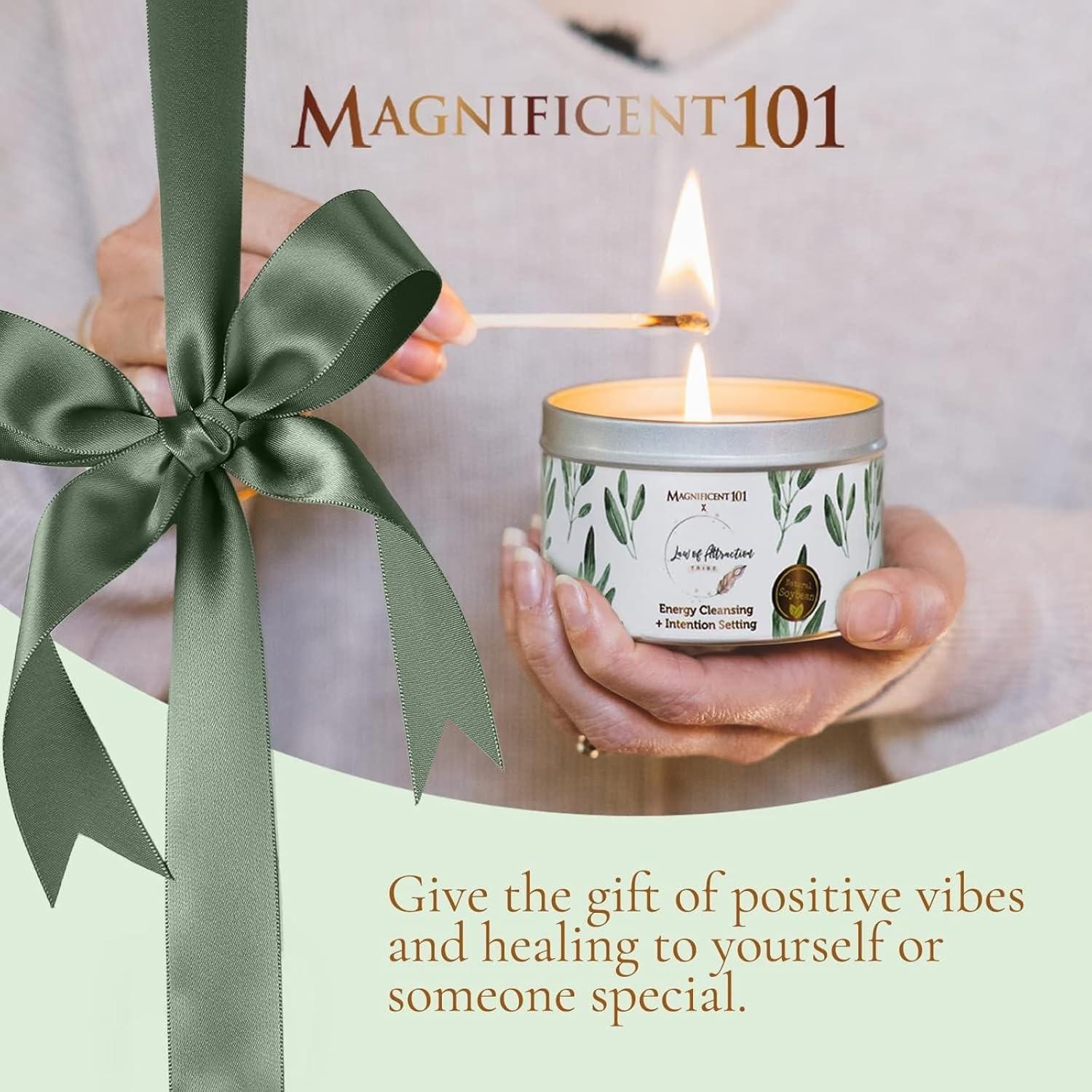 MAGNIFICENT 101 Affirmations Sage, Cedar, Palo Santo, Sprinkle of sage Leaves Smudge Candle for House Energy Cleansing, Banishes Negative Energy - Soy Wax Tin Candle (I Create My Dream Life)