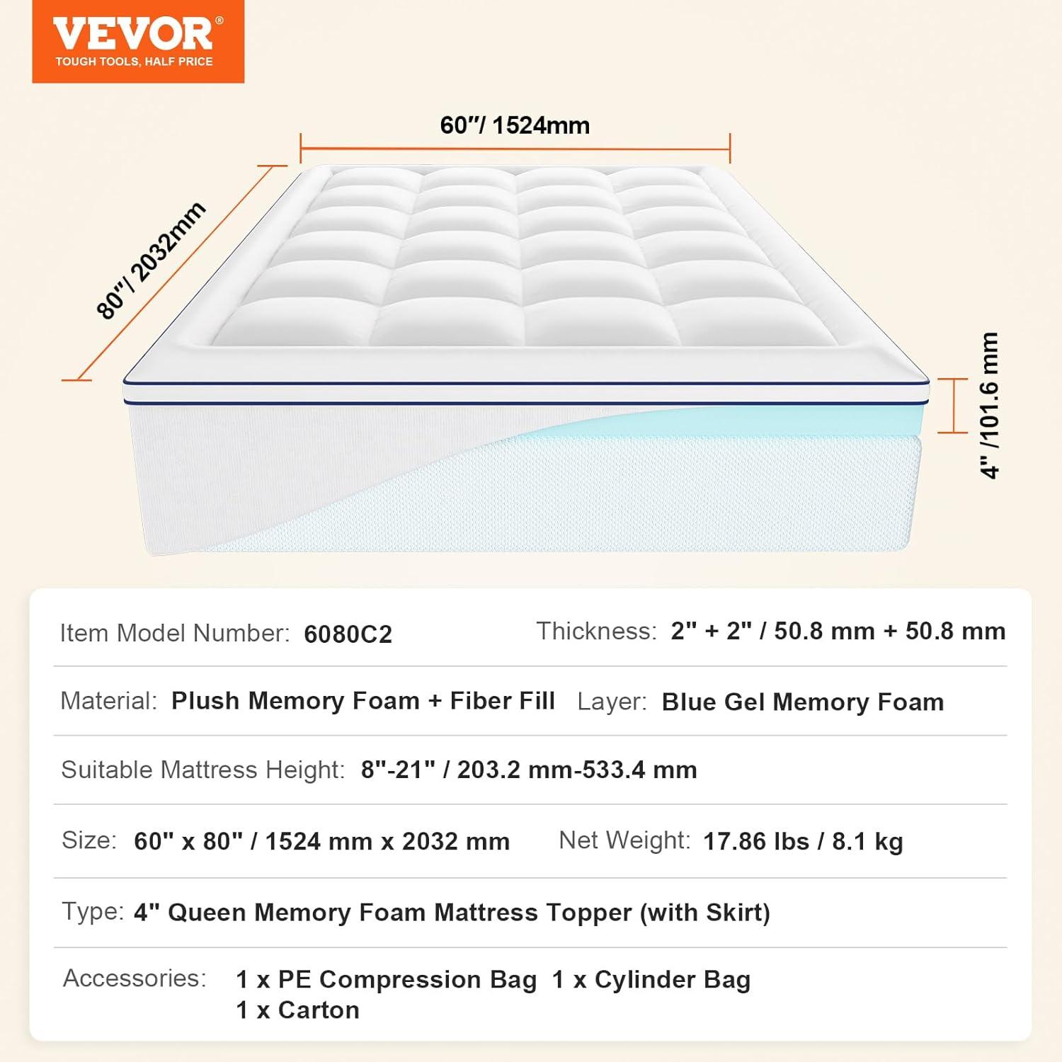 VEVOR Mattress Topper Premium Memory Foam Fiber Fill 4 in Thickness