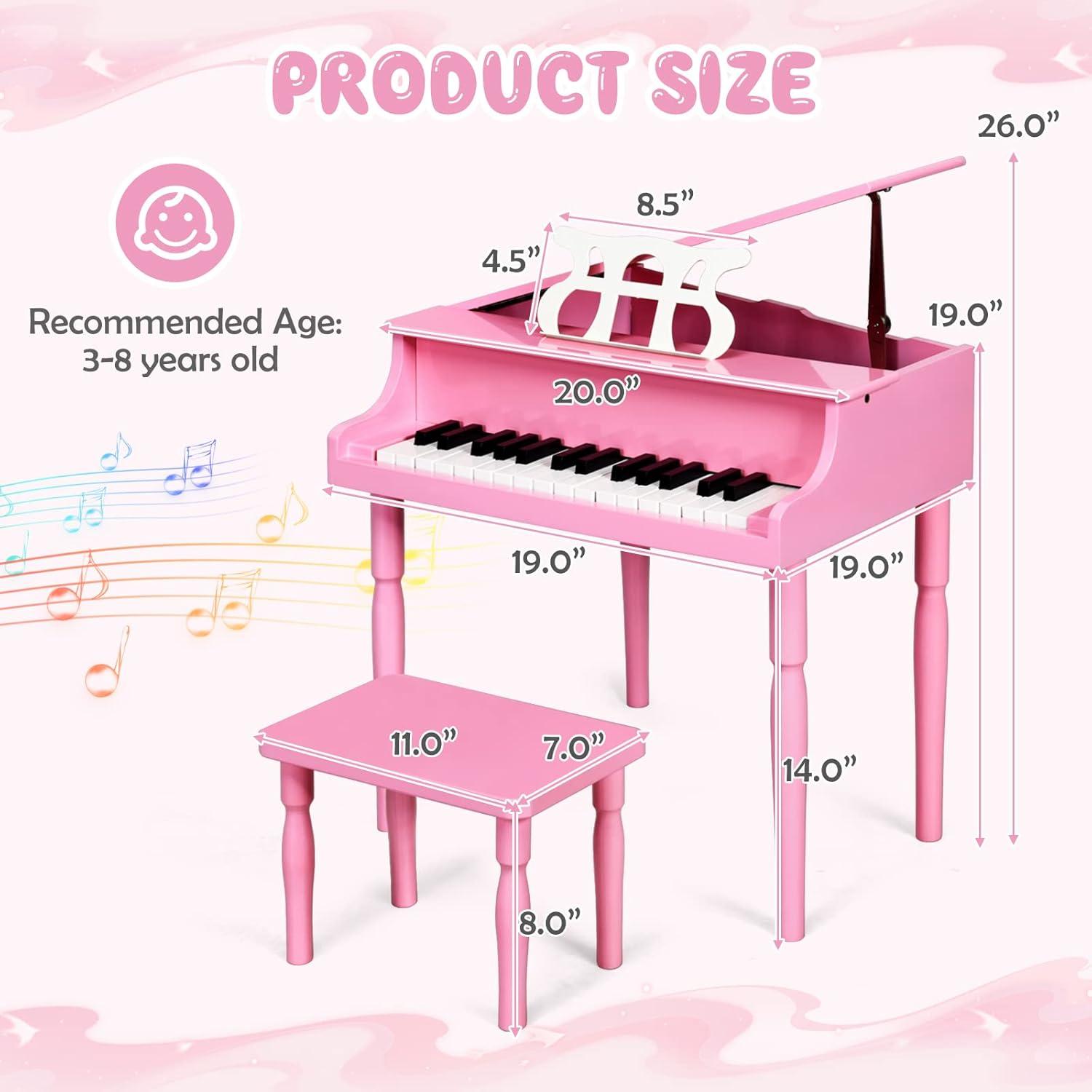 Costway 30-Key Classic Baby Grand Piano Toddler Toy Wood w/ Bench & Music Rack Pink
