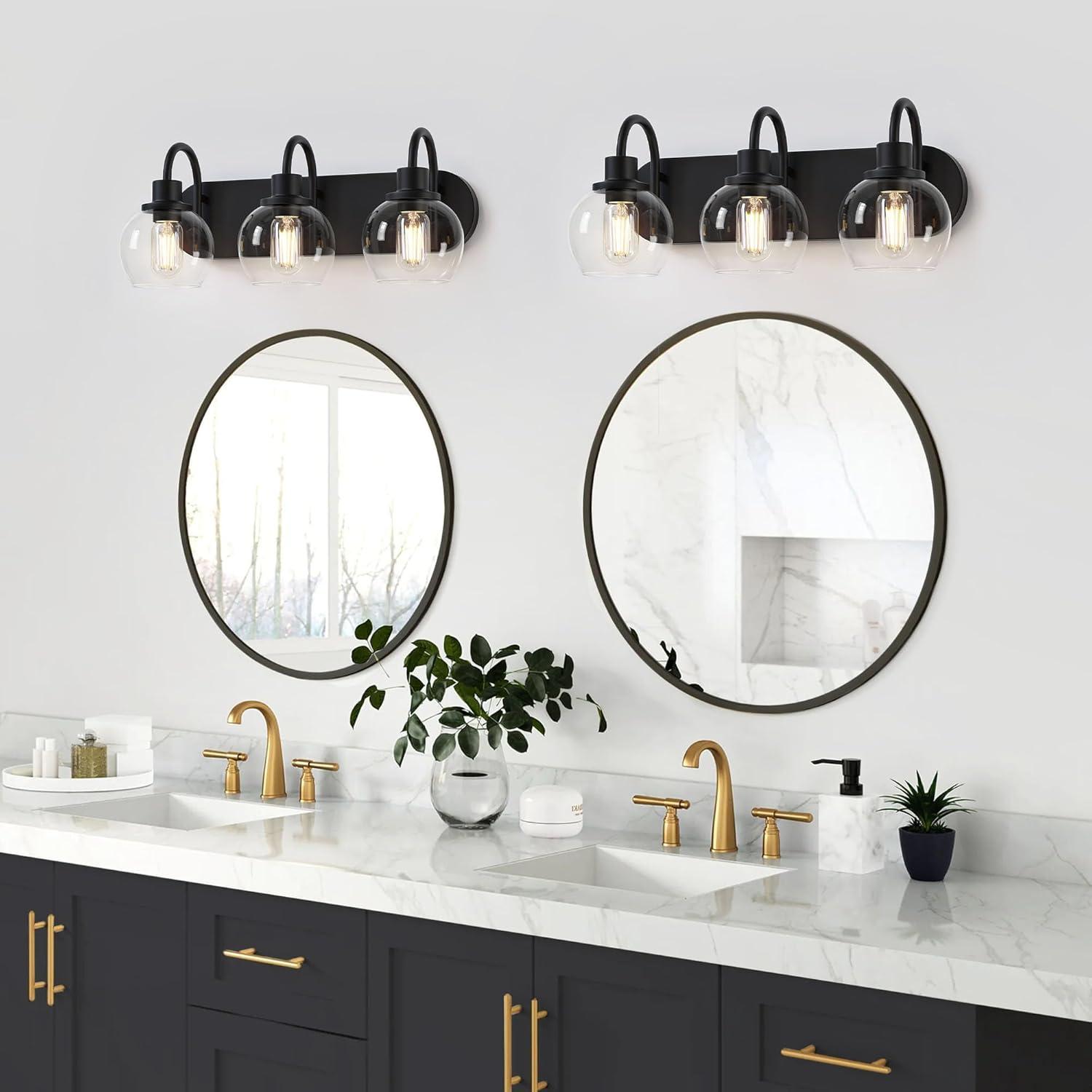 Modern 2-Light Vanity Light, Bathroom Lighting Fixture Over Mirror With Clear Glass Shade and Metal Base, Matte Black Wall Mounted for Bathroom