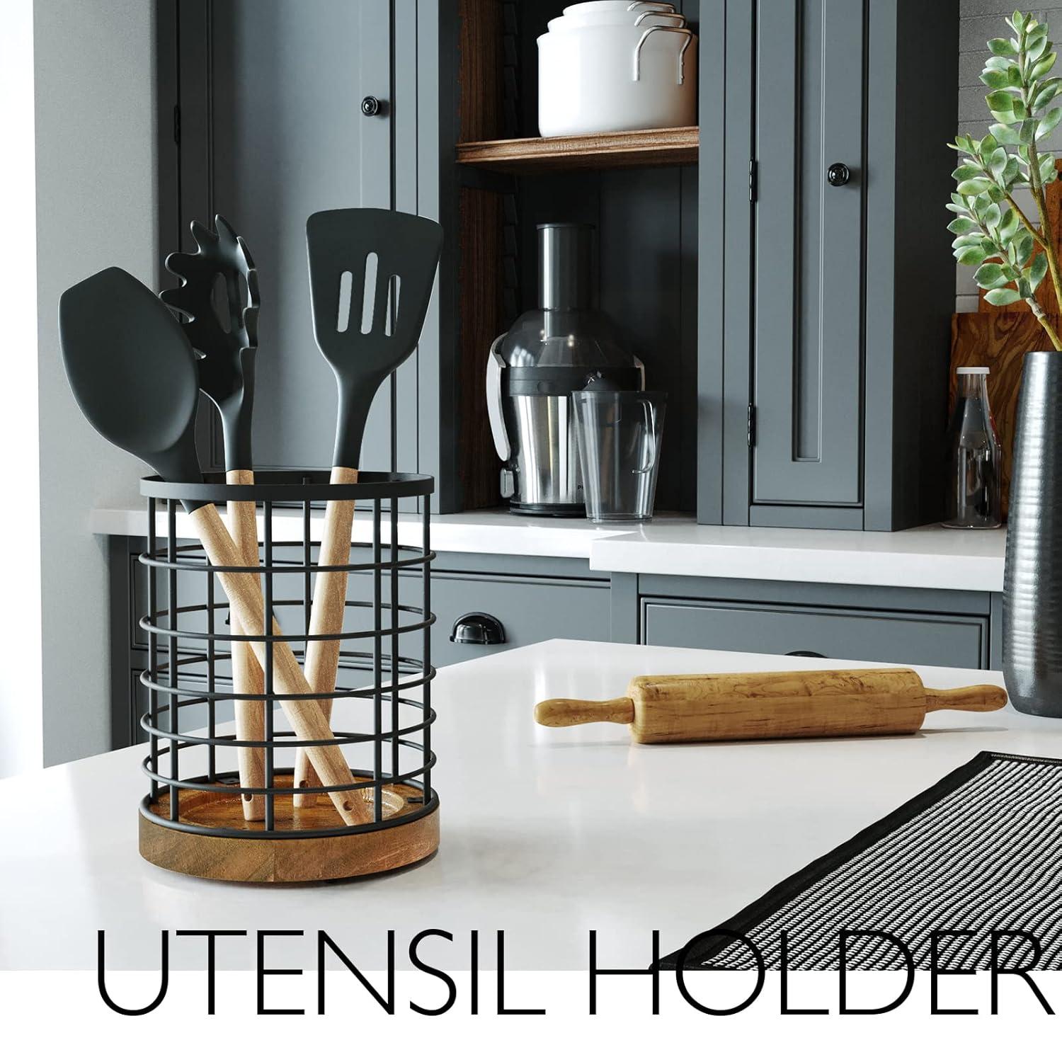 Utensil Holder for Kitchen Counter,Black Wire with Wooden Base Countertop Utensil Holder, Large Wooden Cooking Utensil Holder, Kitchen Utensil Organizer.