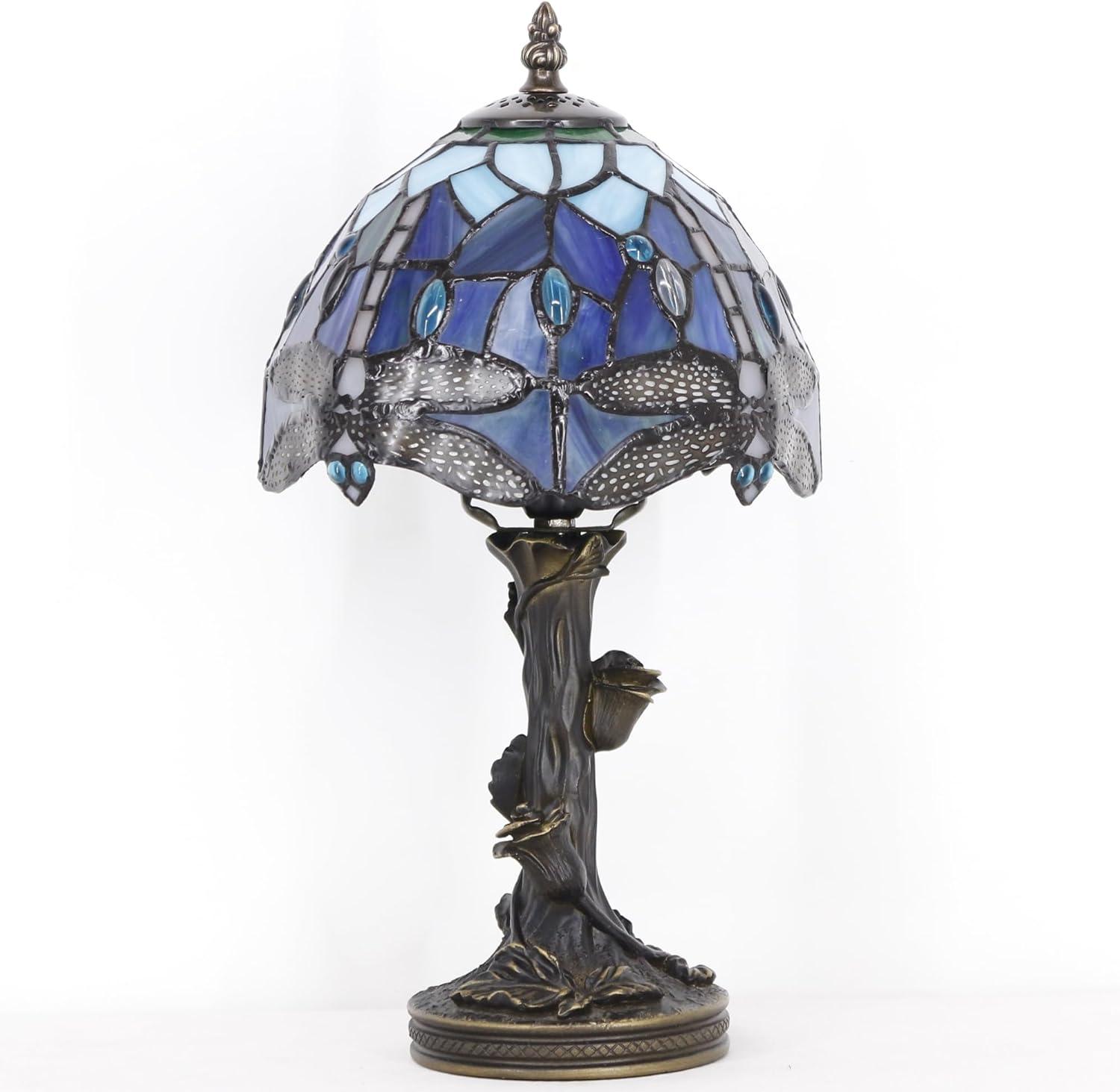 Astoria Grand Mampre Tiffany Mini Table Lamp Dragonfly Blue Stained Glass  LED Bulb Included 8"W*8"D*15"H