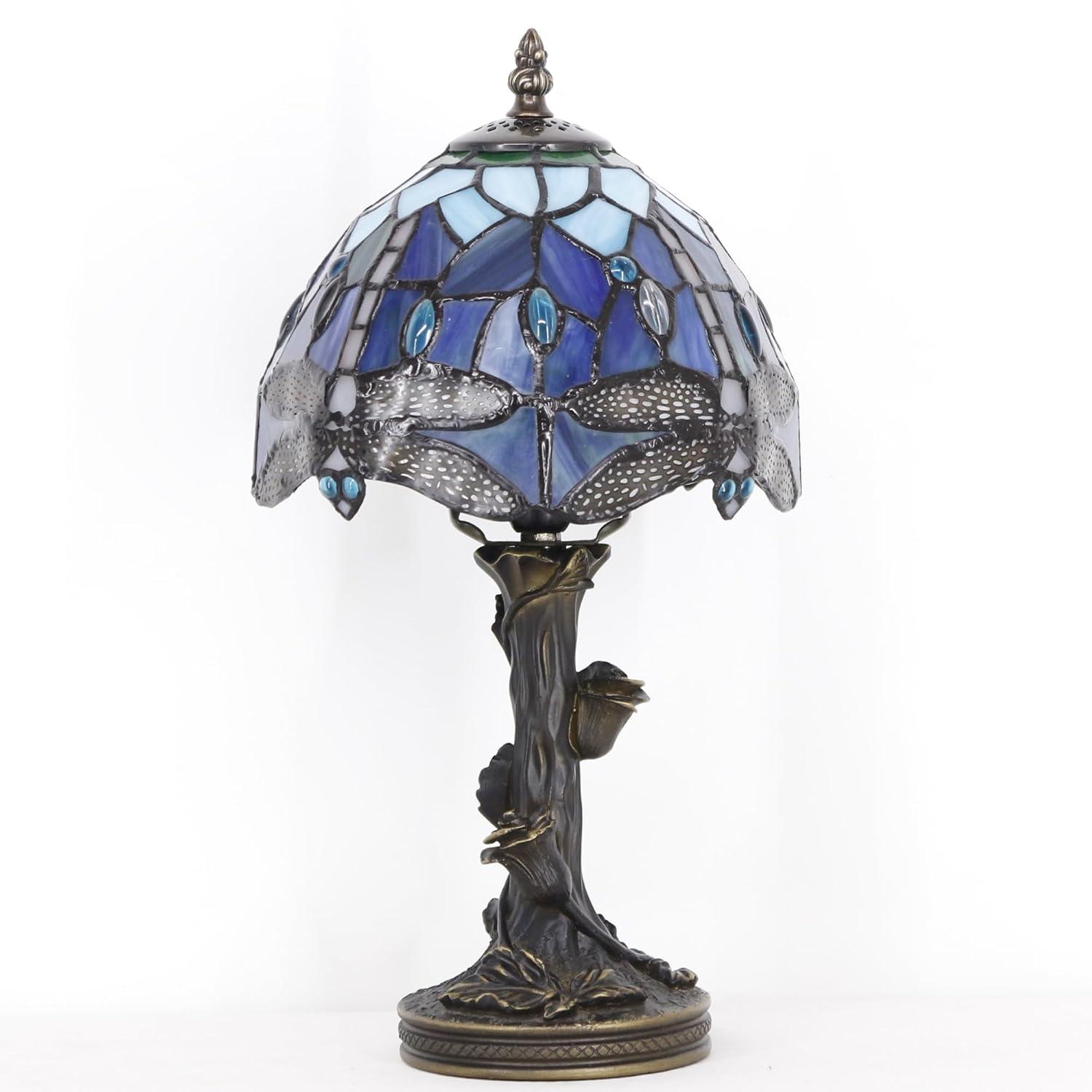 Astoria Grand Mampre Tiffany Mini Table Lamp Dragonfly Blue Stained Glass  LED Bulb Included 8"W*8"D*15"H