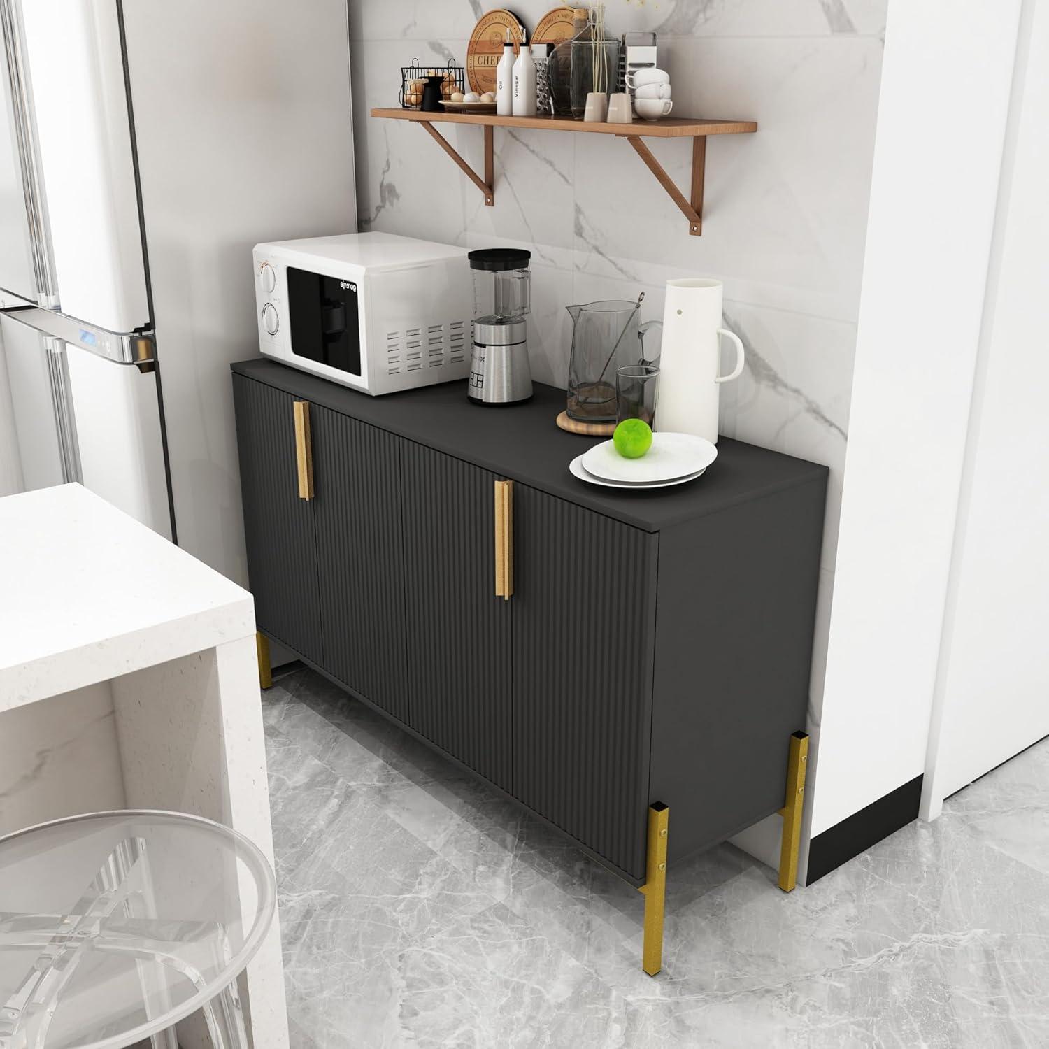 4 Doors Sideboard Buffet Cabinet with Adjustable Shelves,Modern Accent Sideboard with Golden Legs,Wide Storage Cabinet for Kitchen,Living Room,Black