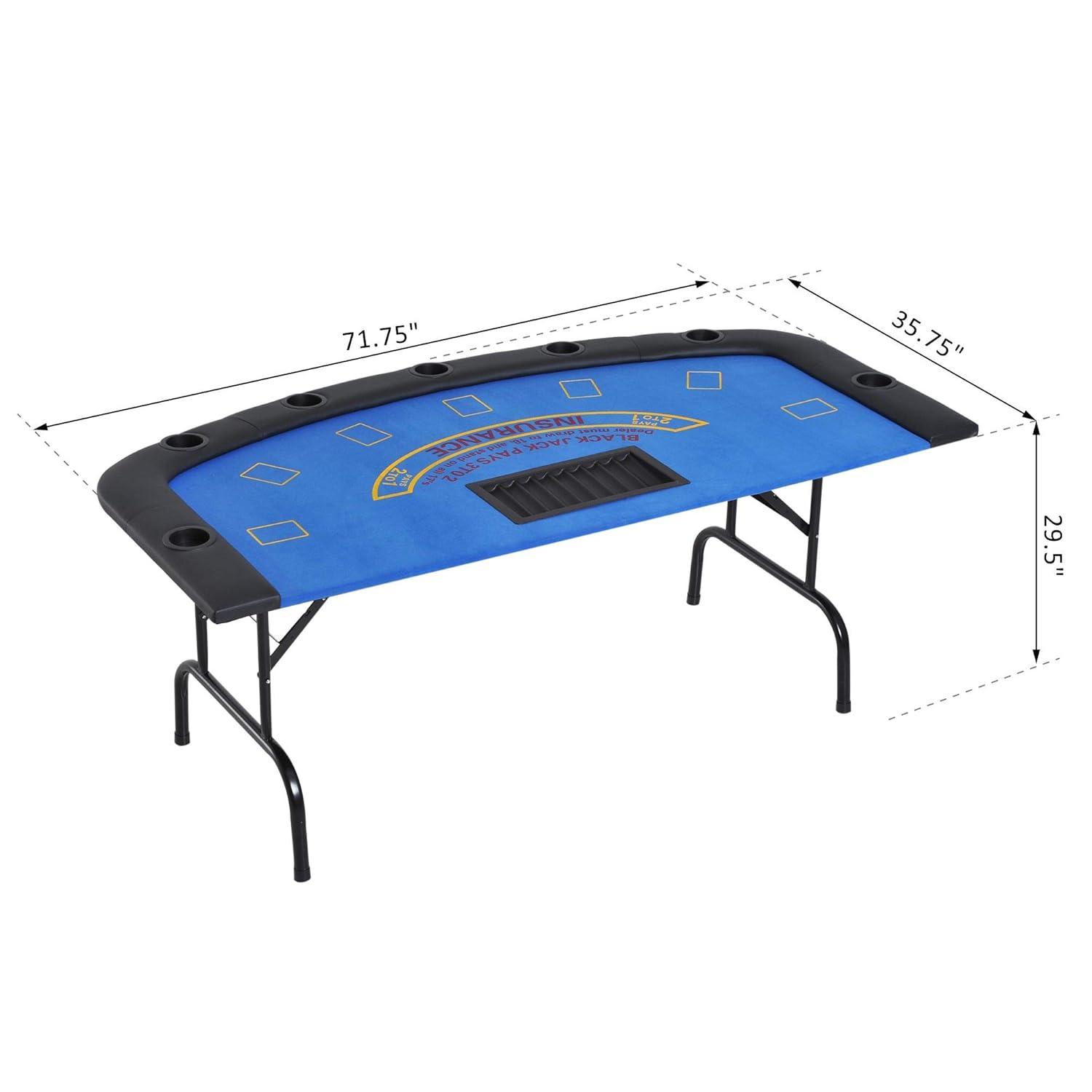 Soozier Soozier Poker Table Foldable, 72" Blackjack Table for 7 Players with Chip & Cup Holder, Blue Felt