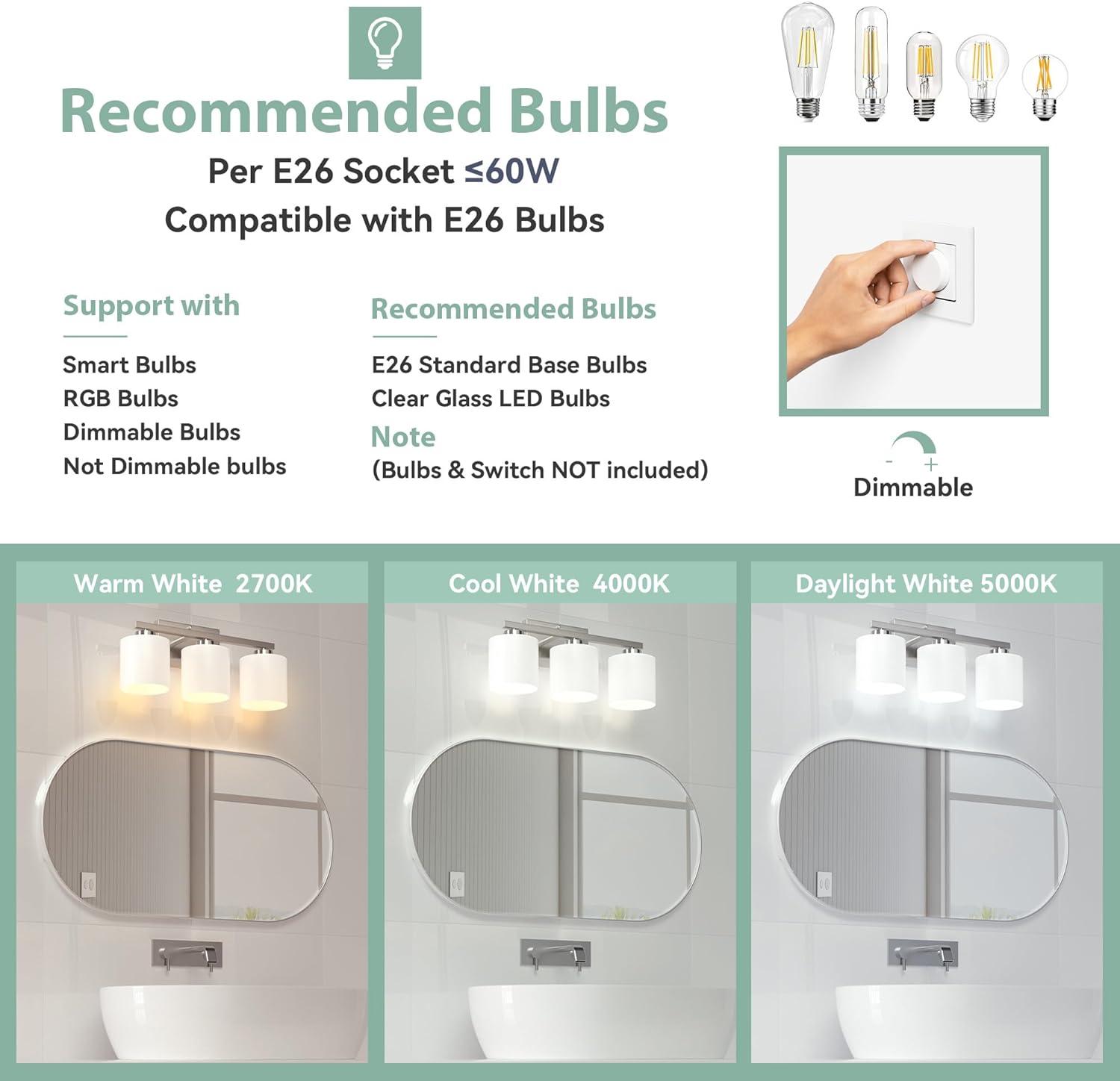 Brushed Nickel Bathroom Light Fixtures, 3-Light Modern Vanity Light Over Mirror