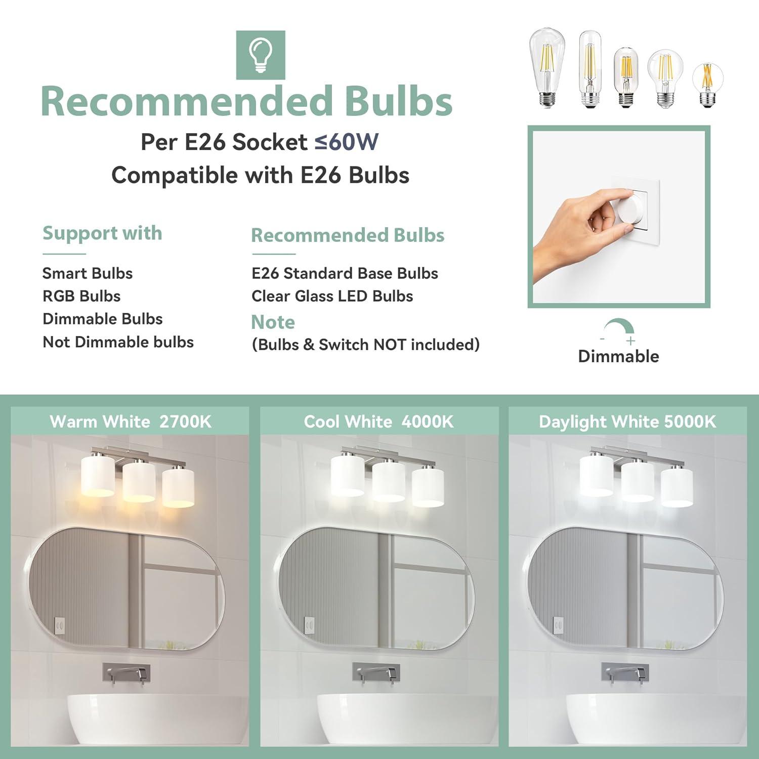 Brushed Nickel Bathroom Light Fixtures, 3-Light Modern Vanity Light Over Mirror