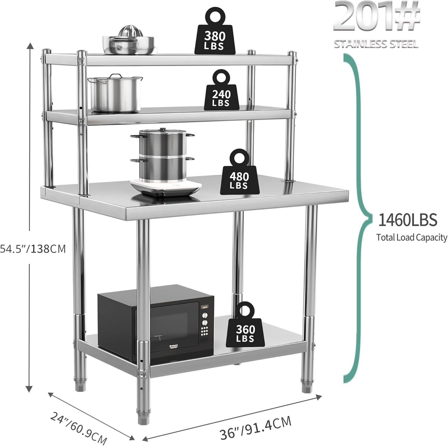 Dextrus Stainless Steel Table with Overshelves, 36" X 24" Work Table with 36" X 12" Shelf, Metal Table Prep Table for Home Kitchen Restaurant Garage Warehouse