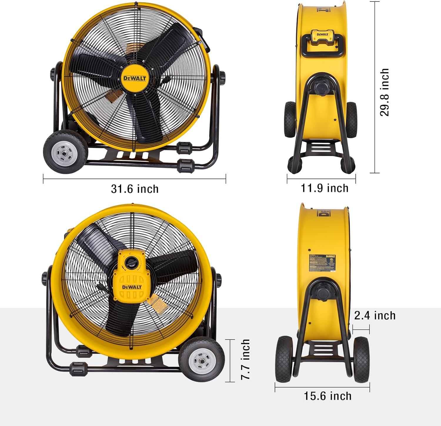 DEWALT DXF-2490 Rolling 24 inch Heavy-Duty Drum Fan, 12 ft Cord 6,500 CFM