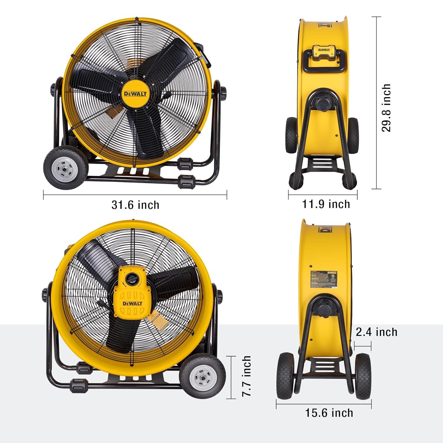 DEWALT DXF-2490 Rolling 24 inch Heavy-Duty Drum Fan, 12 ft Cord 6,500 CFM