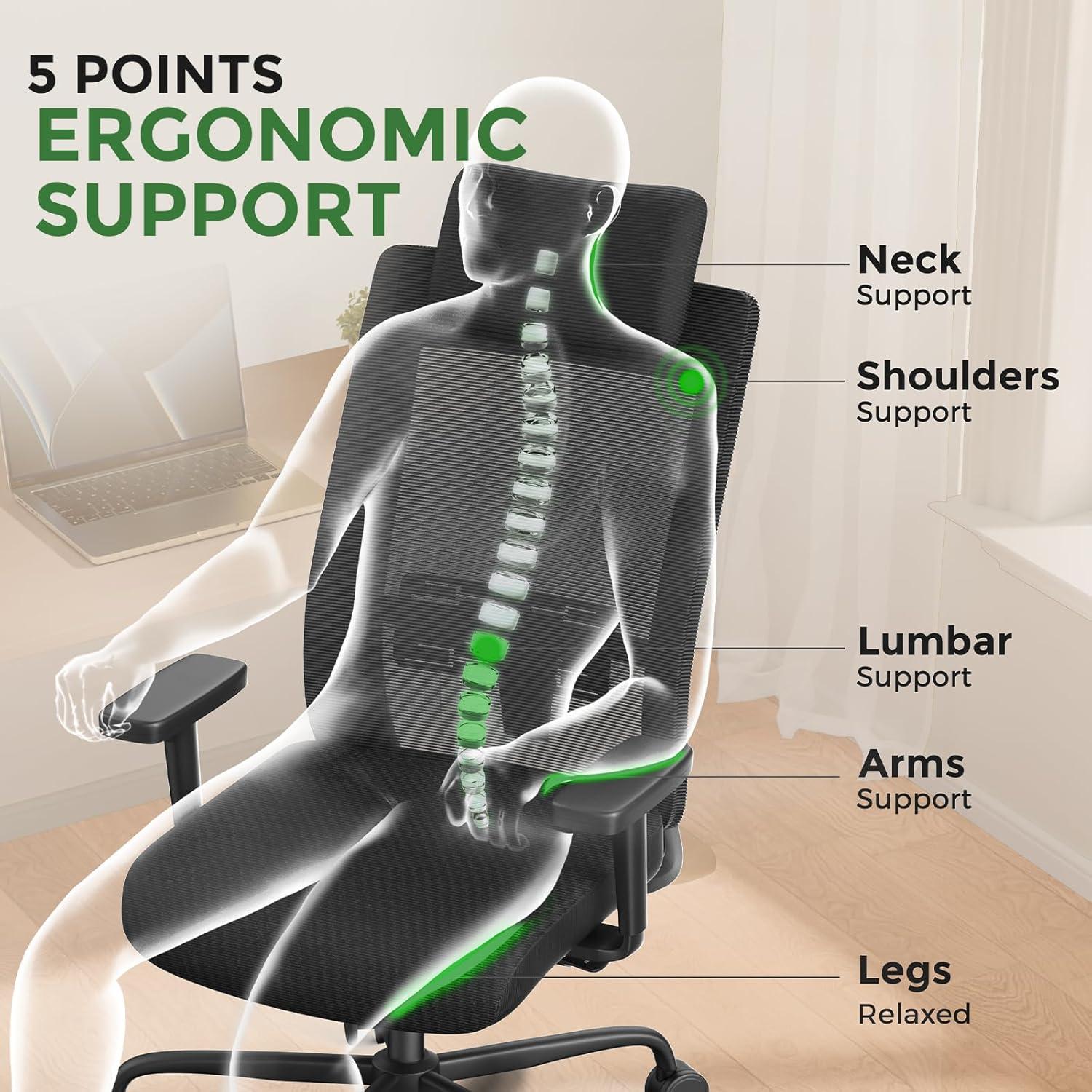 Ergonomic Office Chair 350LBS Capacity - 90-135° Any Angle Tilt Lock High Back Computer Desk Chairs, with Adjustable Lumbar Support, PU Armrests, Big Headrest for All Day Comfortable Sitting