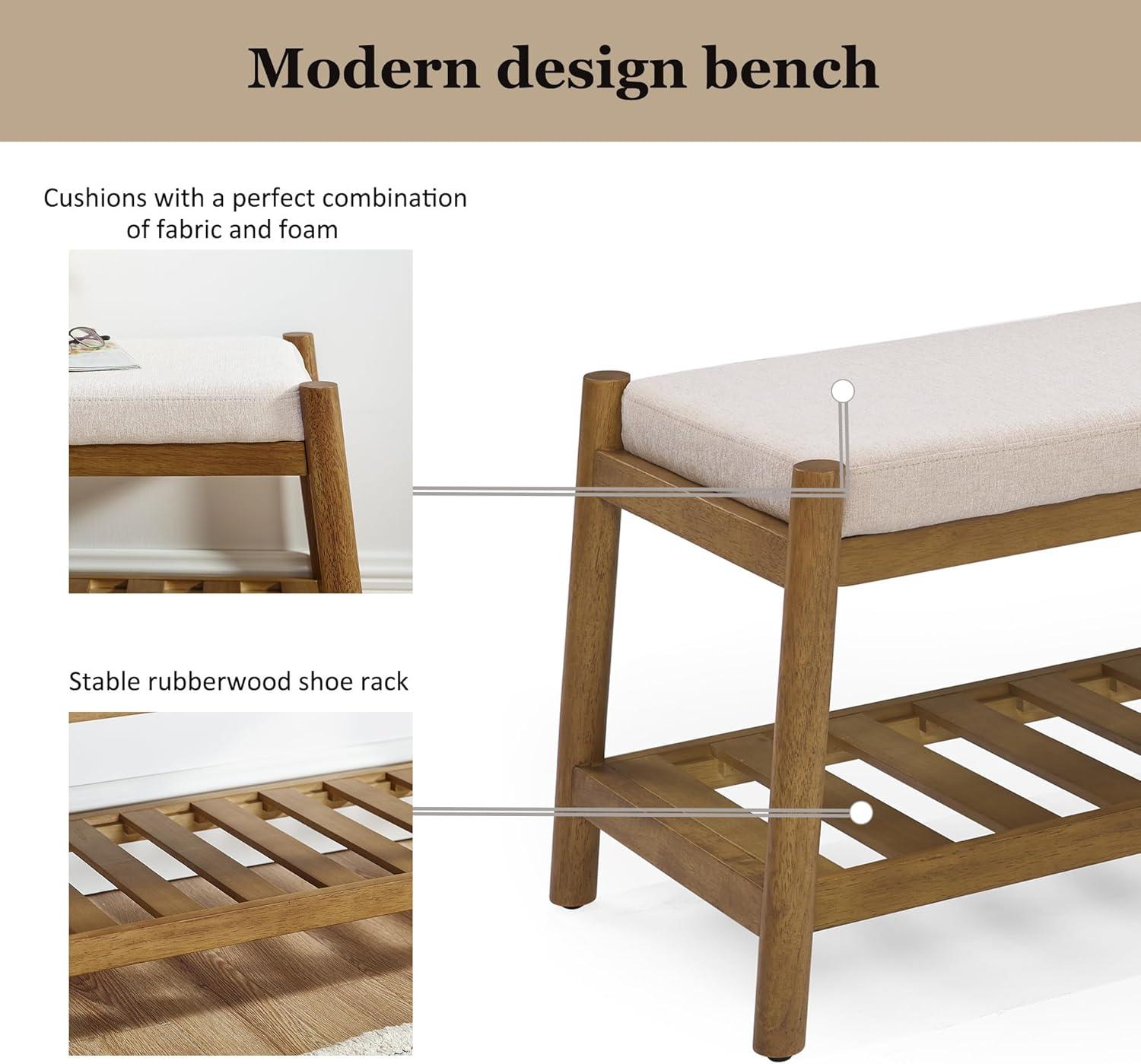 Upholstered Entryway Bench, Bedroom Bench for End of Bed, Dining Bench with Padded Seat for Kitchen, Living Room, Fabric Rubber Wood Indoor Bench (Beige)