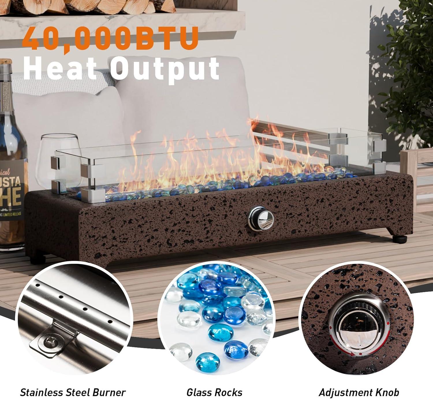 COSIEST 28" Tabletop Fire Pit, CSA Certified Outdoor Propane Fire Pit Table w Magnesium Oxide Rectangle Base, 40,000 BTU Stainless Steel Burner, Glass Rocks, Glass Wind Guard, Fits 20lb Tank Outside