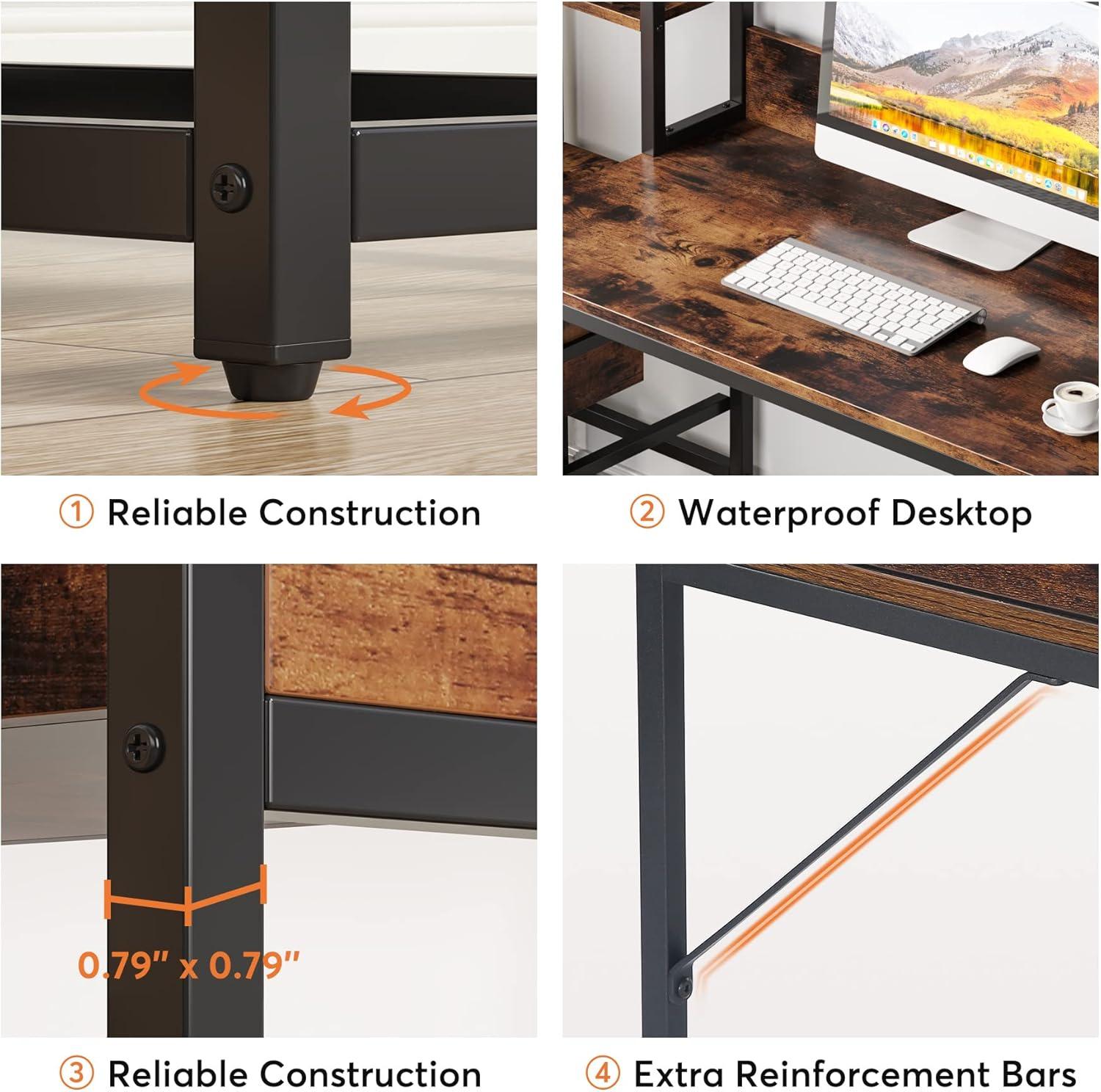 55 Inch Computer Desk with 2 Drawers and Storage Shelves, Rustic Office Desk with Hutch, Study Writing Gaming Table Laptop Workstation for Home Office (Brown)