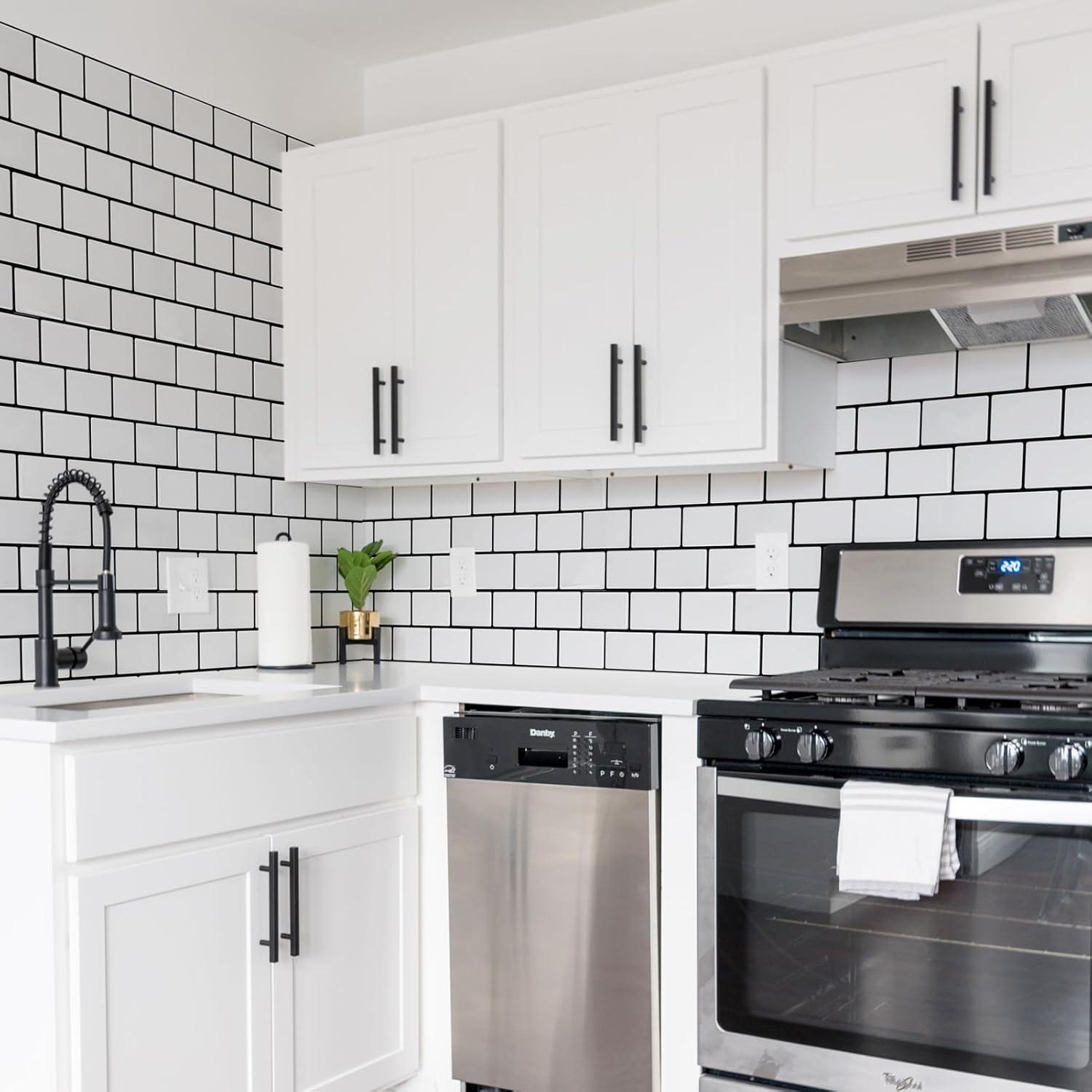 Art3d Peel and Stick Backsplash Tile, 10-Sheet Stick on Subway Tiles for Kitchem, Bathroom Back Splashes, 12"x12", Warm White with Black Grout