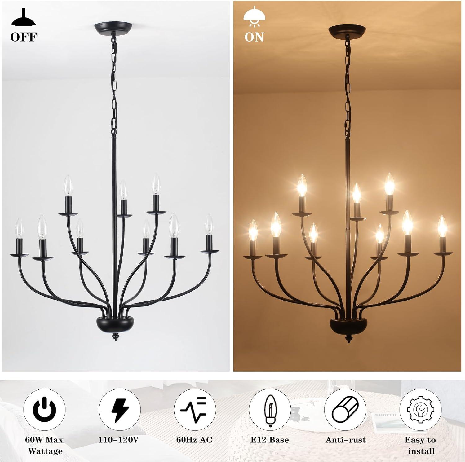 Elegant Black 9-Light 2-Tier Candle Chandelier