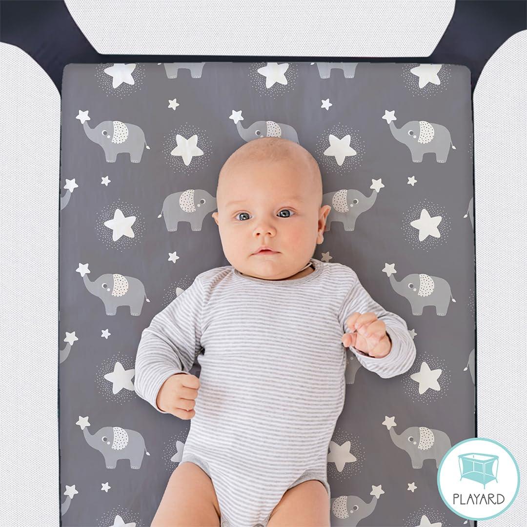 The Peanutshell Pack n Play, Mini Crib, Portable Crib or Fitted Playard Sheets for Baby Boy or Girl, Celestial Elephant, 3 Pack Set