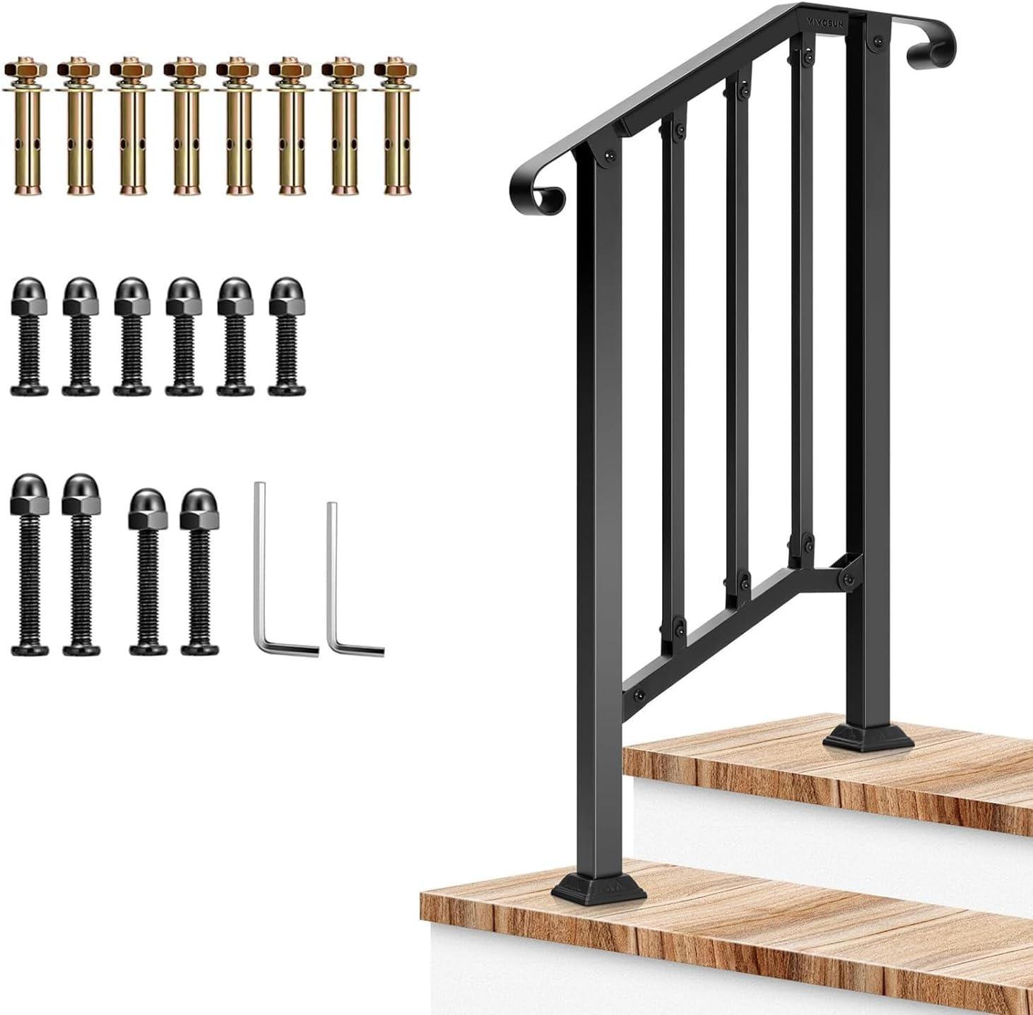 VIVOSUN Outdoor Iron Stair Handrail with Curved Ends and Balusters