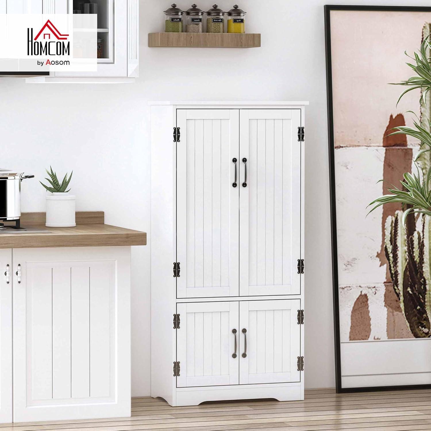 HOMCOM 48.5" Farmhouse Kitchen Pantry, Floor Storage Cabinet, Cupboard Organizer with Adjustable Shelves and 4-Doors for Dining Room, White