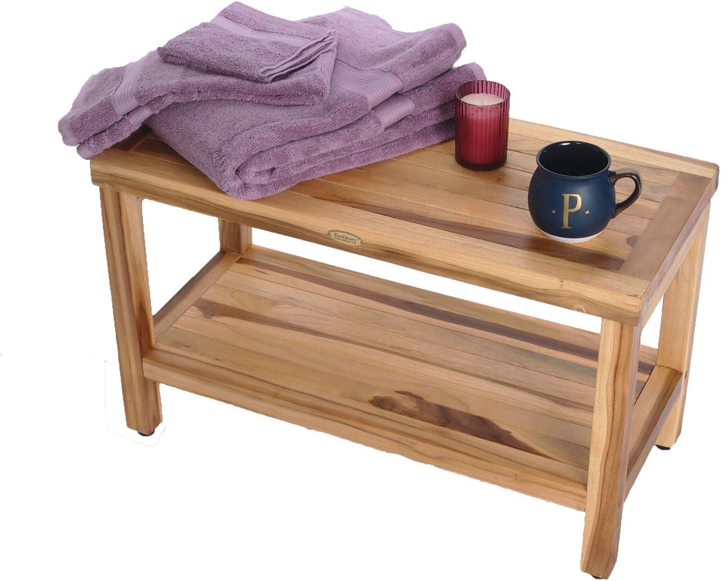 30" Eleganto ED1000 Wide Teak Shower Bench with Shelf - EcoDecors: Bathroom Stool, Rectangular, Water Resistant