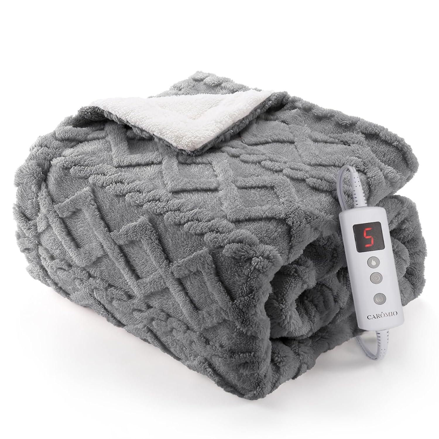 CAROMIO Heated Throw Blanket - Thick Tufted Sherpa Electric Blanket Throw with 10 Heating Levels and 10 Time Settings, ETL Certified Machine Washable Fast Heating Blanket Throw 50"×60", Grey