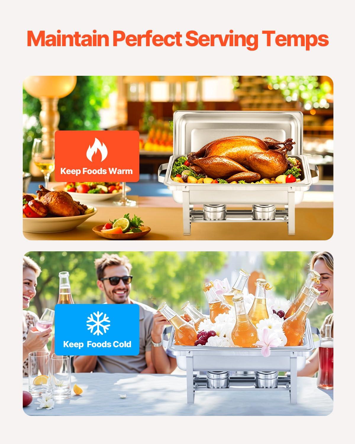 VEVOR Chafing Dish Buffet Set, 8 Qt 2 Pack, Stainless Chafer with 2 Full & 4 Half Size Pans, Rectangle Catering Warmer Server with Lid Water Pan Folding Stand Fuel Tray Holder Clip