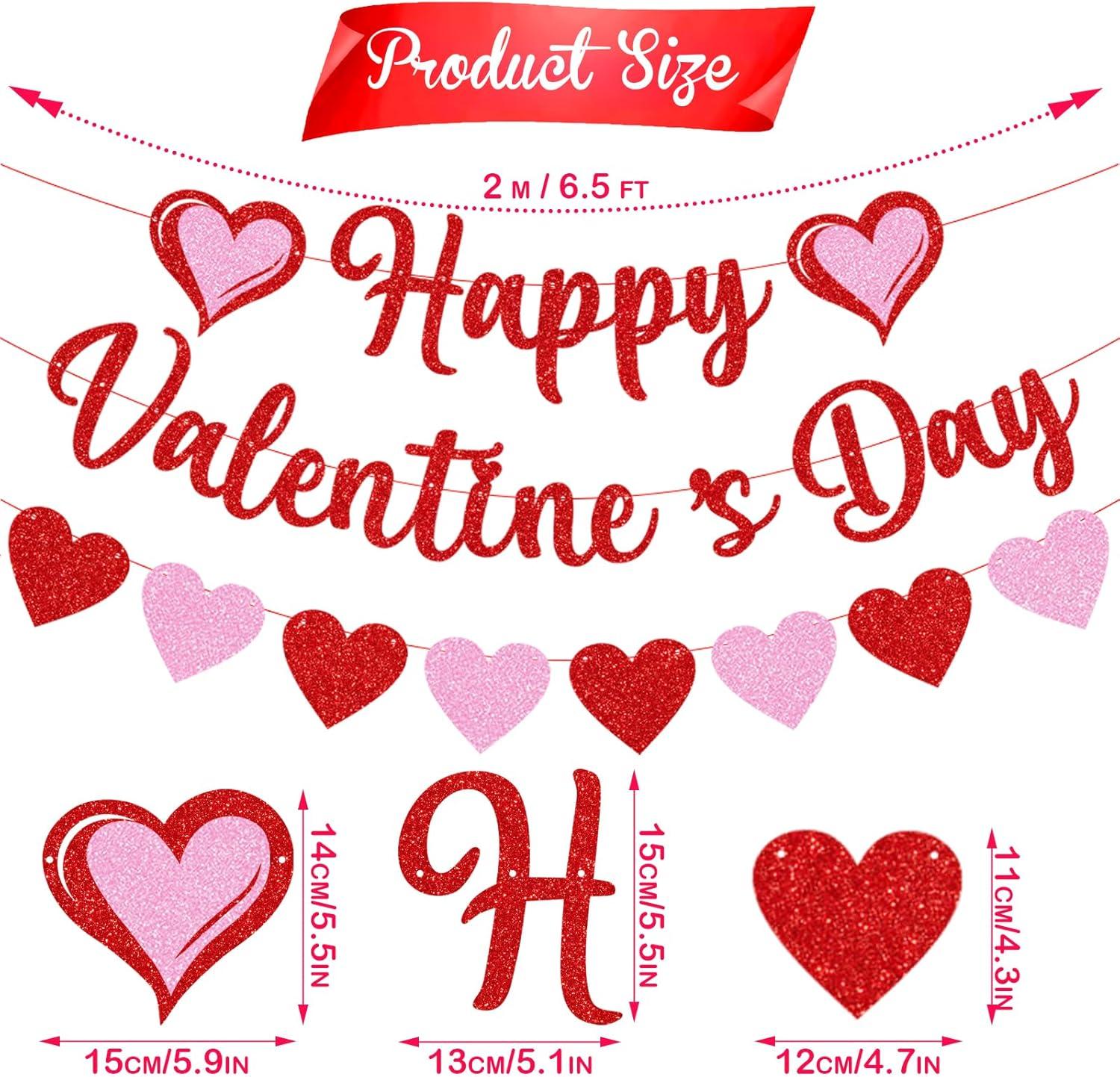 Glittery Heart Valentine's Day Banner, Red & Pink Sparkling Hollow Heart Shape DIY Paper Banner for Wedding Decoration