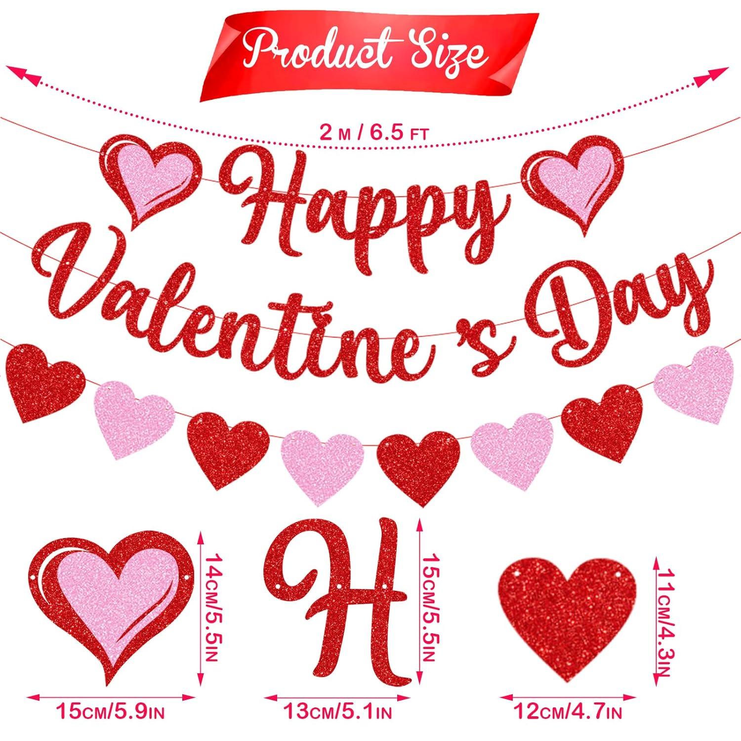 Glittery Heart Valentine's Day Banner, Red & Pink Sparkling Hollow Heart Shape DIY Paper Banner for Wedding Decoration