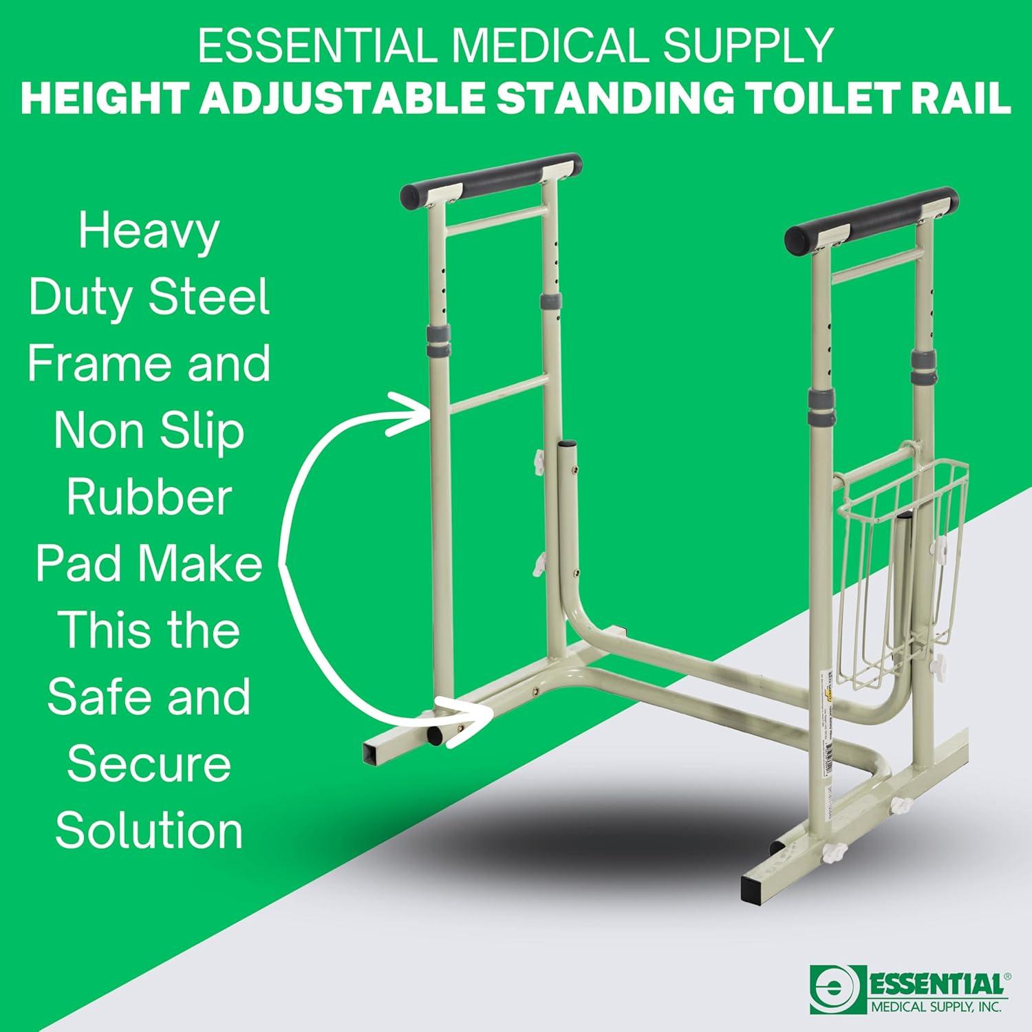 Essential Medical Supply's Height Adjustable Standing Toilet Safety Rail - Sturdy Frame with Foam Handles for Elderly and Seniors, Perfect for Added Safety and Support While Using The Toilet