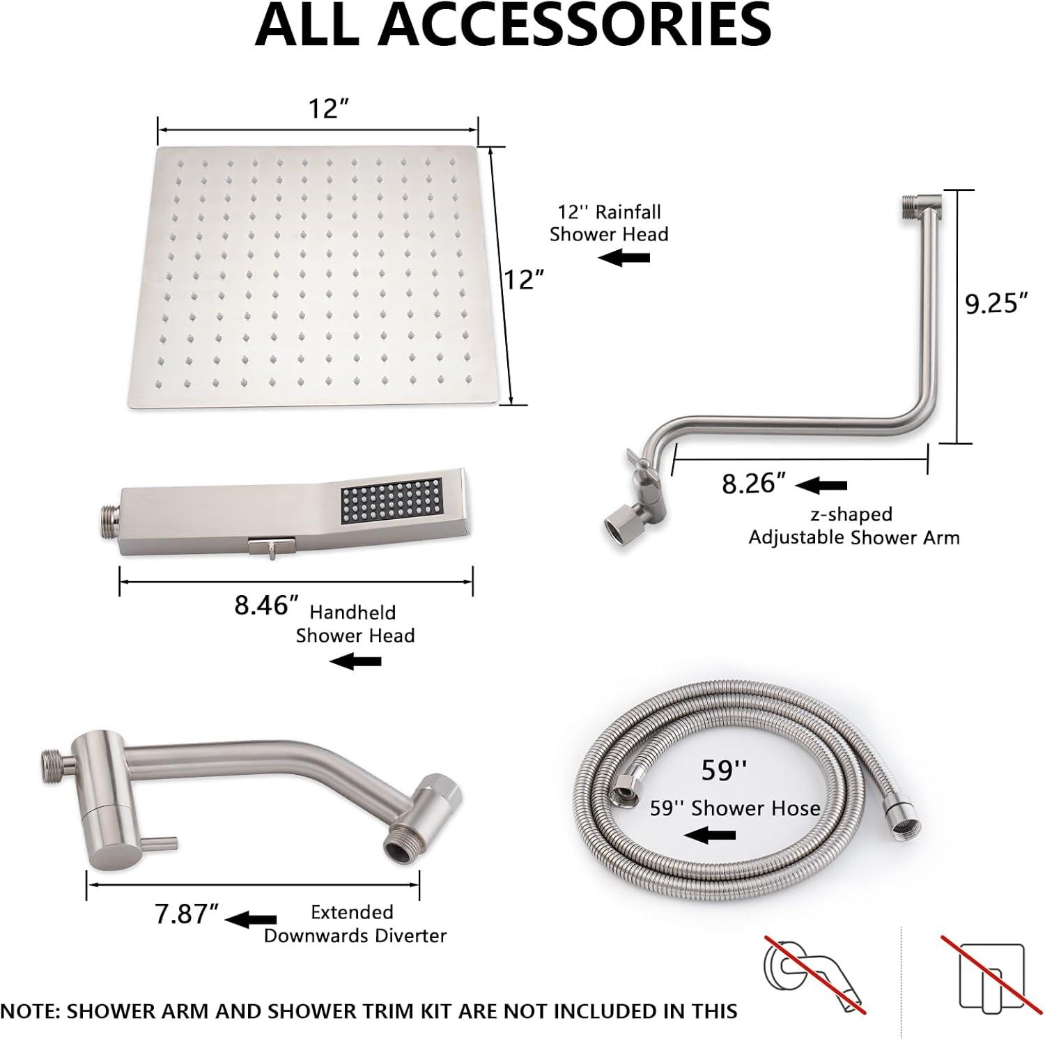 PDPBath All Metal 12'' Rainfall Shower Head with Handheld Combo, Upgrade 3-Way Diverter with Pause Setting, High Pressure Rain Shower Head with Z-shaped Extension Arm, 59" Hose, Brushed Nickel