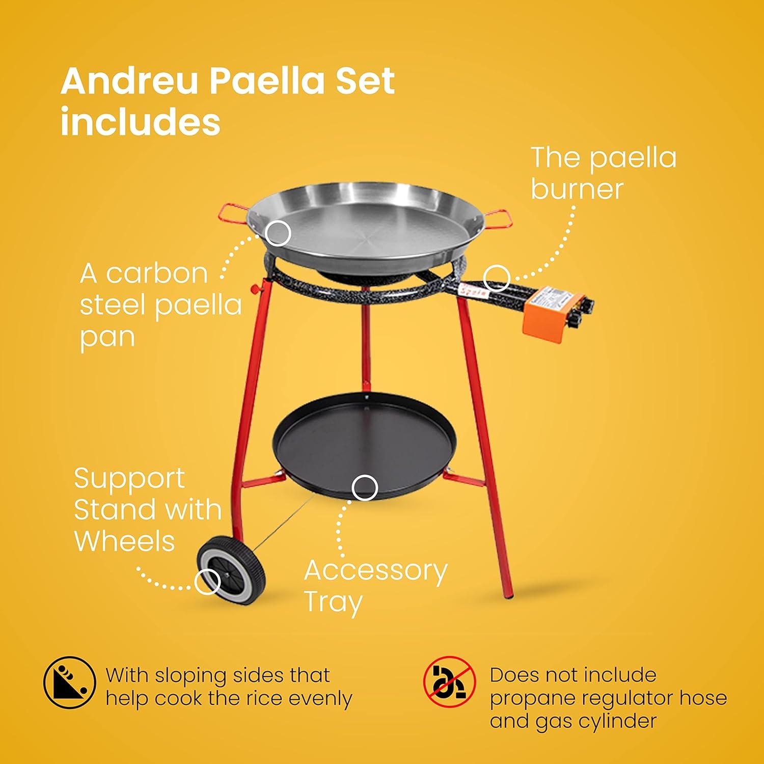 Machika Paella Pan Set with Burner Carbon Steel Outdoor Pan and Legs Manufactured by Garcima (Andreu I 12 Servings)