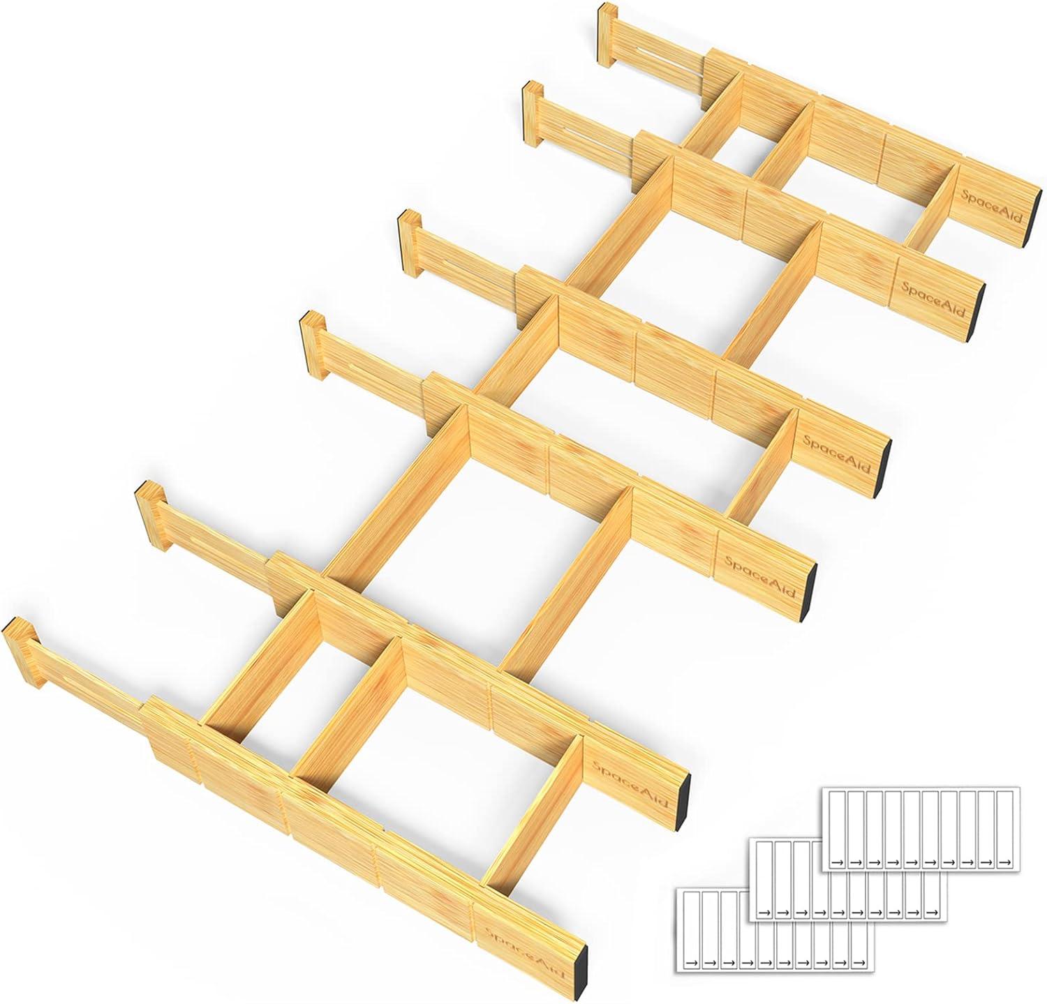 Set of 6 Bamboo Expandable Drawer Dividers with Labels,with 12 Inserts (13.25-17in)-SpaceAid®