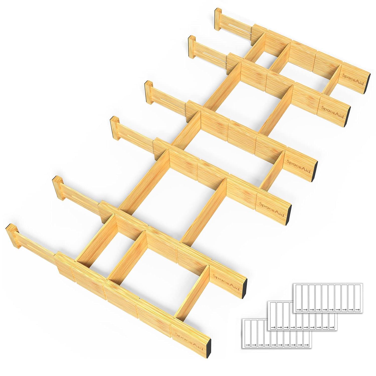 Set of 6 Bamboo Expandable Drawer Dividers with Labels,with 12 Inserts (13.25-17in)