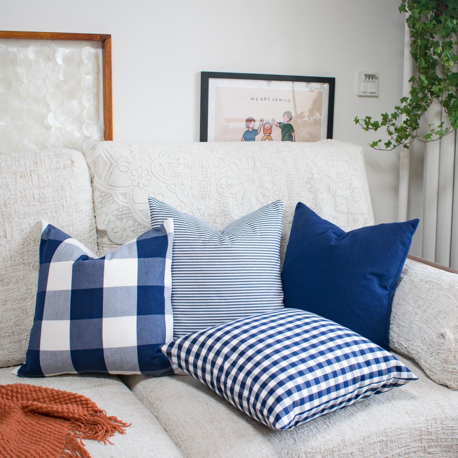 Navy Blue and White Plaid Cotton Pillow Covers Set of 4