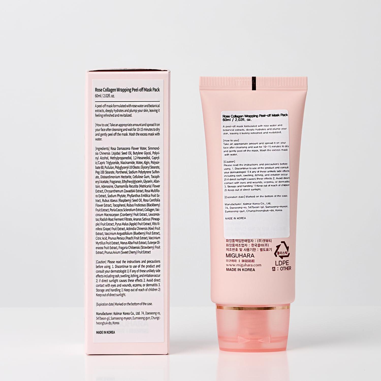 Rose Collagen Wrapping Peel-Off Mask Pack, Facial Mask with Damask Rose Water, Hydrolyzed Collagen & Botanical Fruit Extracts for Hydrated, Glowing Look & Korean Glass Skin (60ml/2.02 fl.oz.) (Pink)