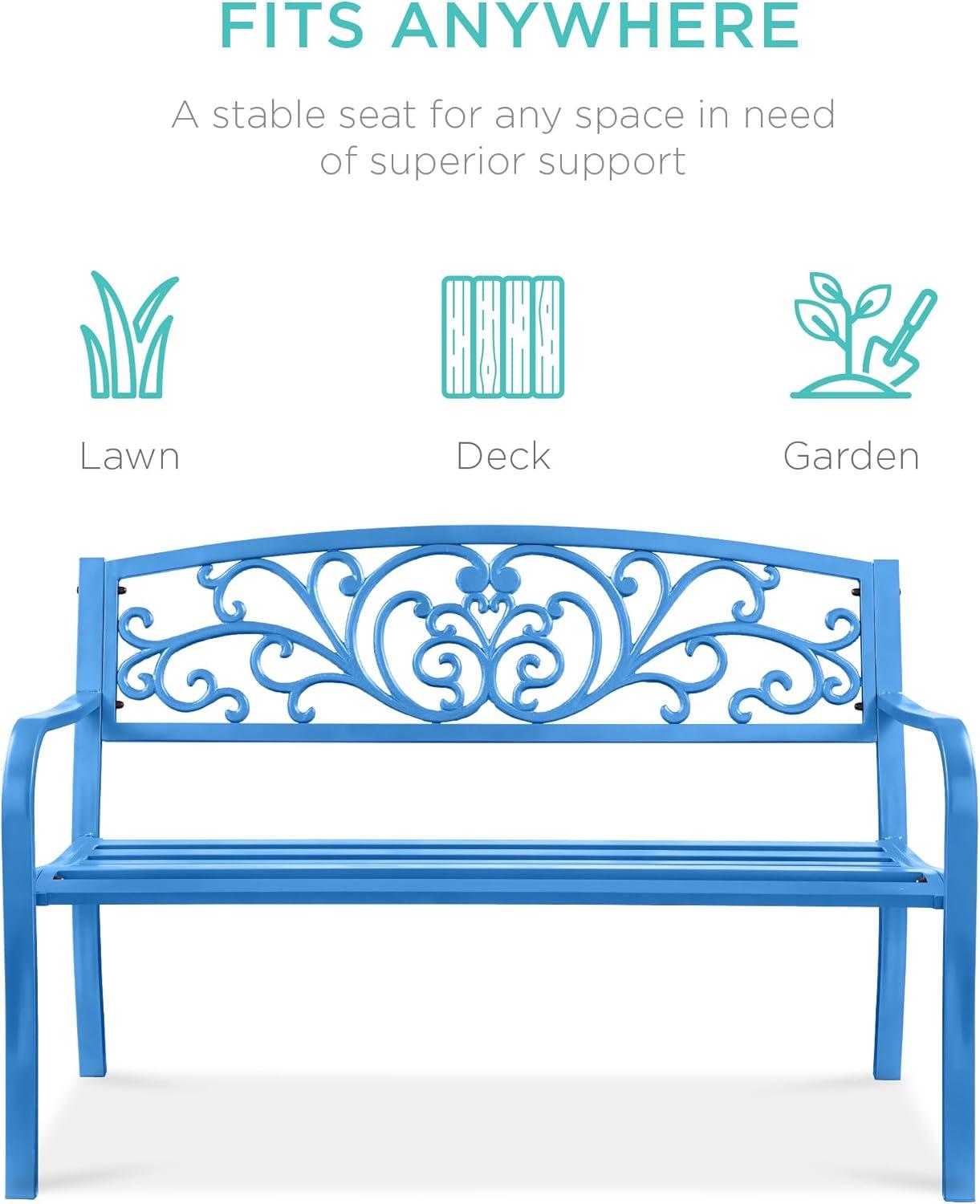 World Menagerie Outdoor Steel Bench with Floral Backrest & Slatted Seat, Marigold for Garden, Patio, Porch, Lawn, and Deck