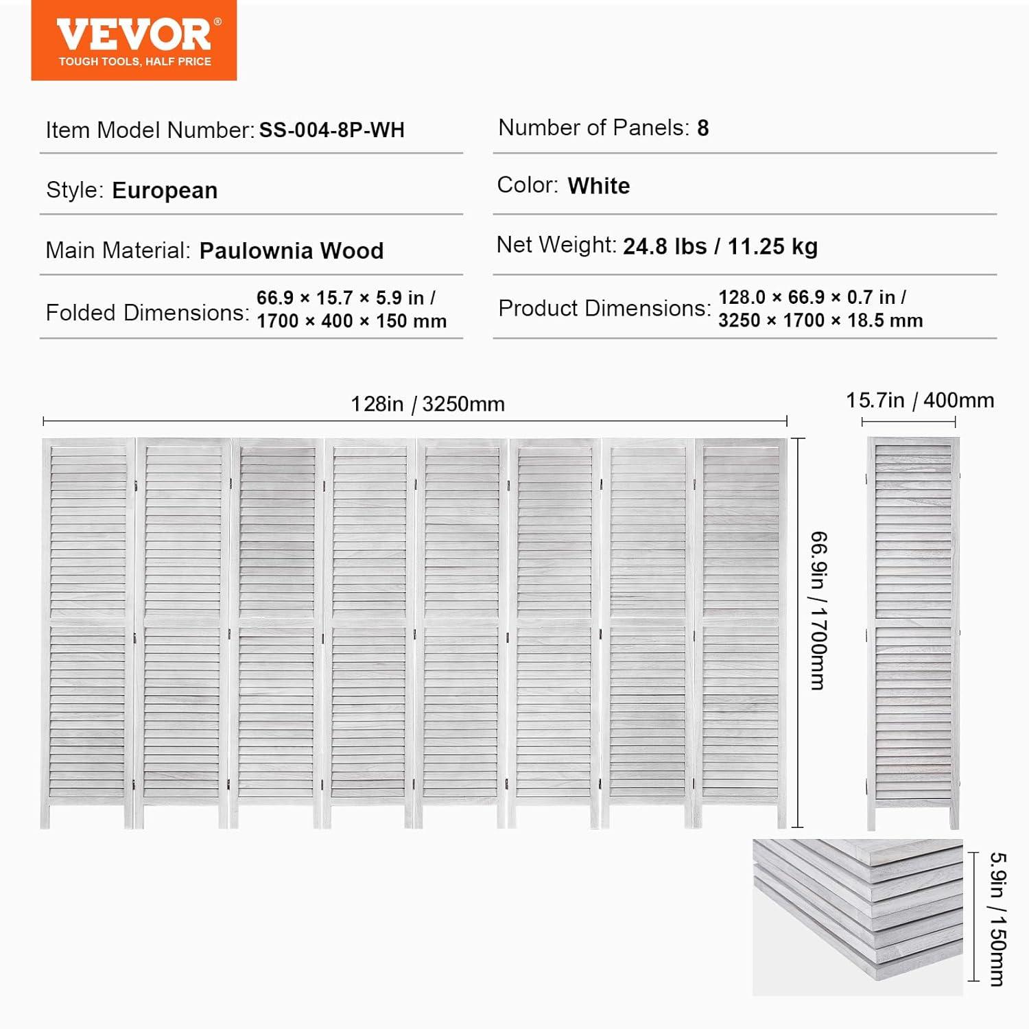 Wood Room Divider, 8 Panel Wood Folding Privacy Screen, 66.9 in. Tall Indoor Louvered Wooden Partition, Portable