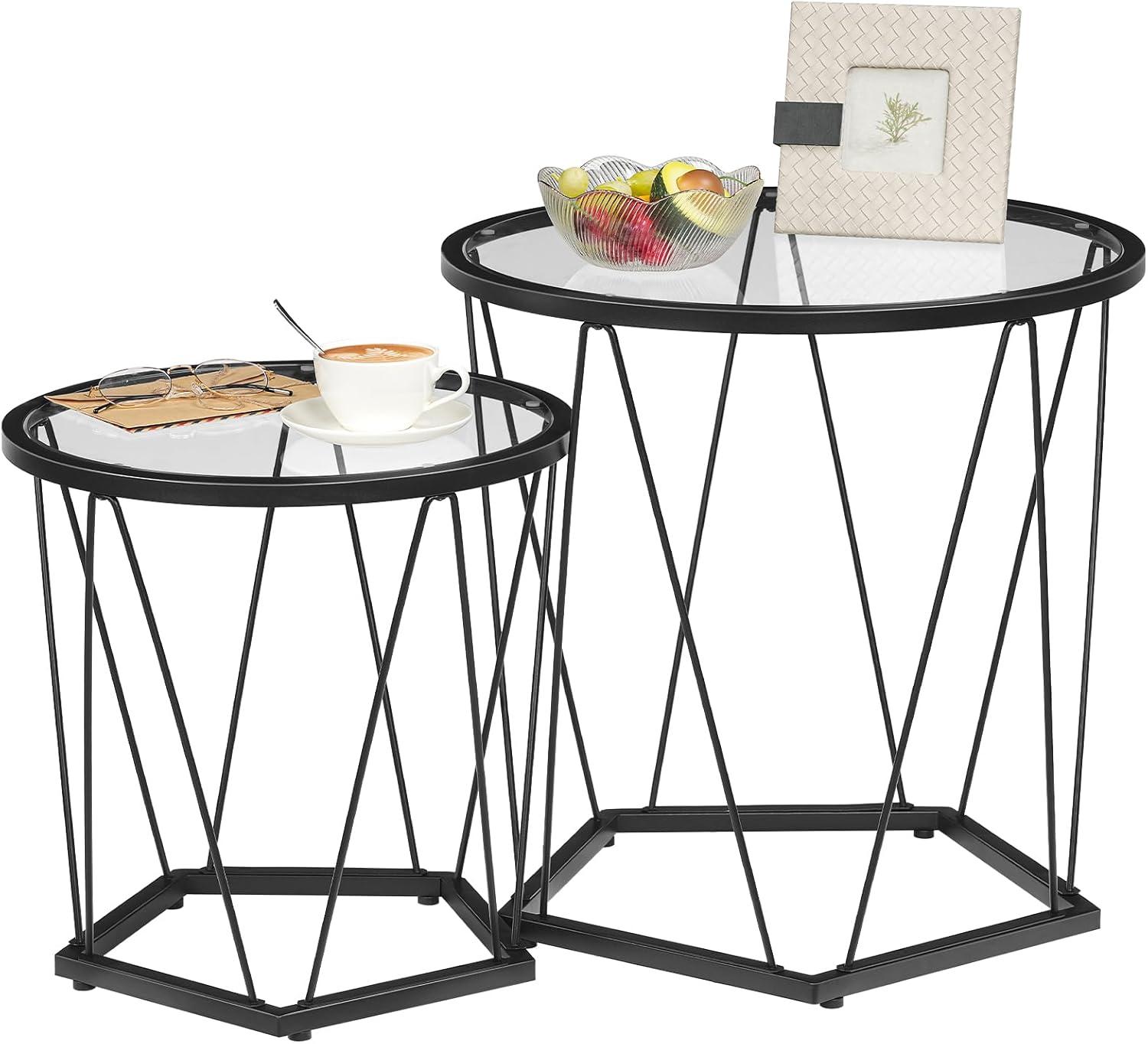 Small Coffee Table Set of 2, Round Coffee End Table with Metal Frame, Glass Top, Black Side Table for Living Room, Bedroom and Balcony, Modern Style, Black