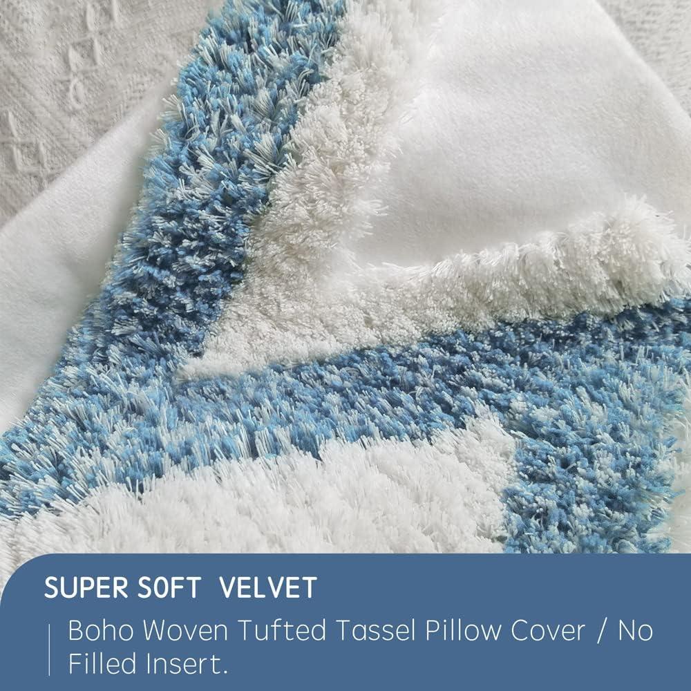 White and Blue Boho Tufted Velvet Pillow Covers with Tassels, 18"x18", Set of 2