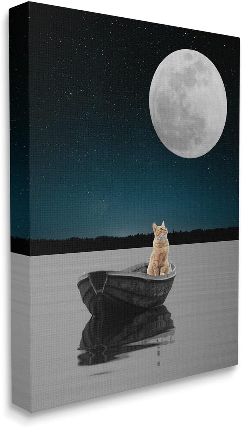 Stupell Industries Orange Cat Floating Rowboat Nighttime Moon Lake Scene , 16 x 20, Design by Atelier Posters