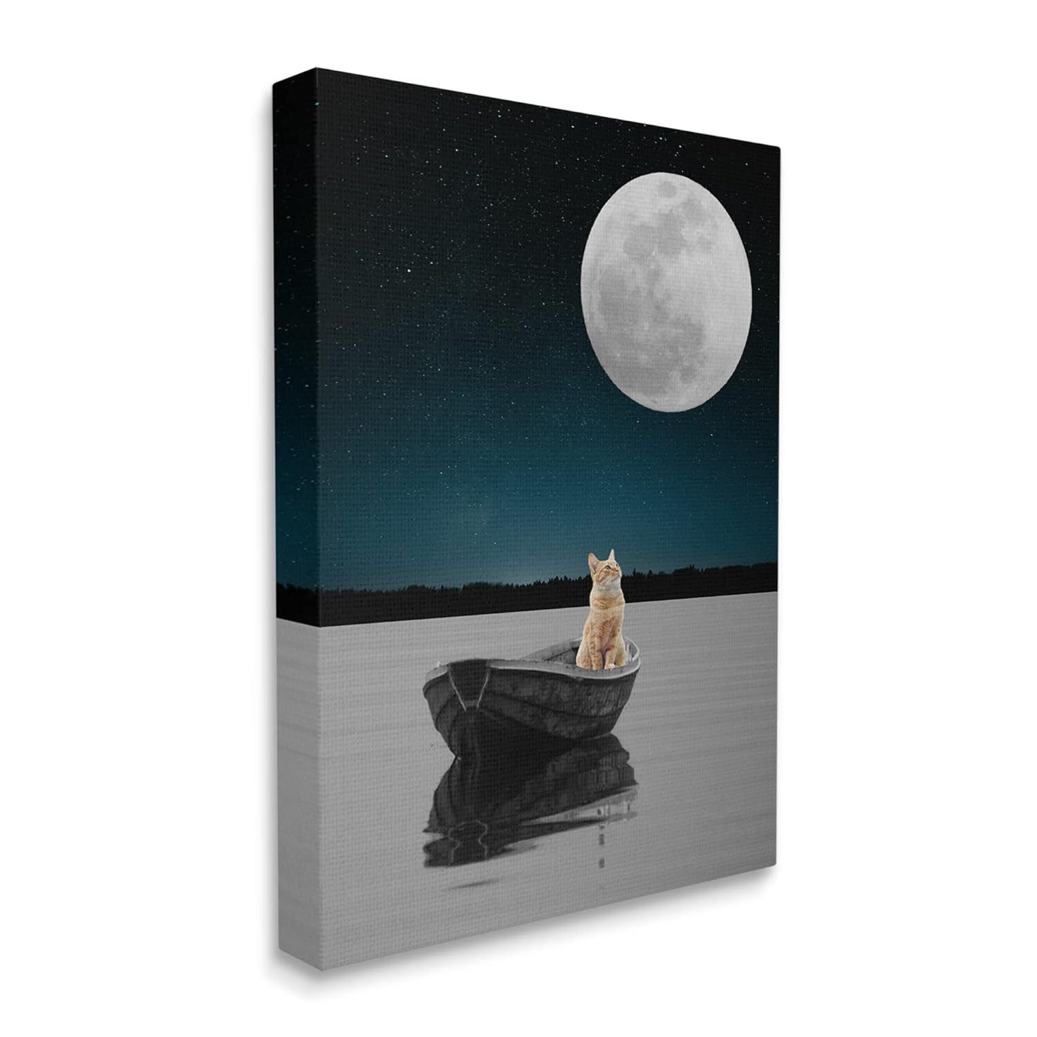 Stupell Industries Orange Cat Floating Rowboat Nighttime Moon Lake Scene , 16 x 20, Design by Atelier Posters