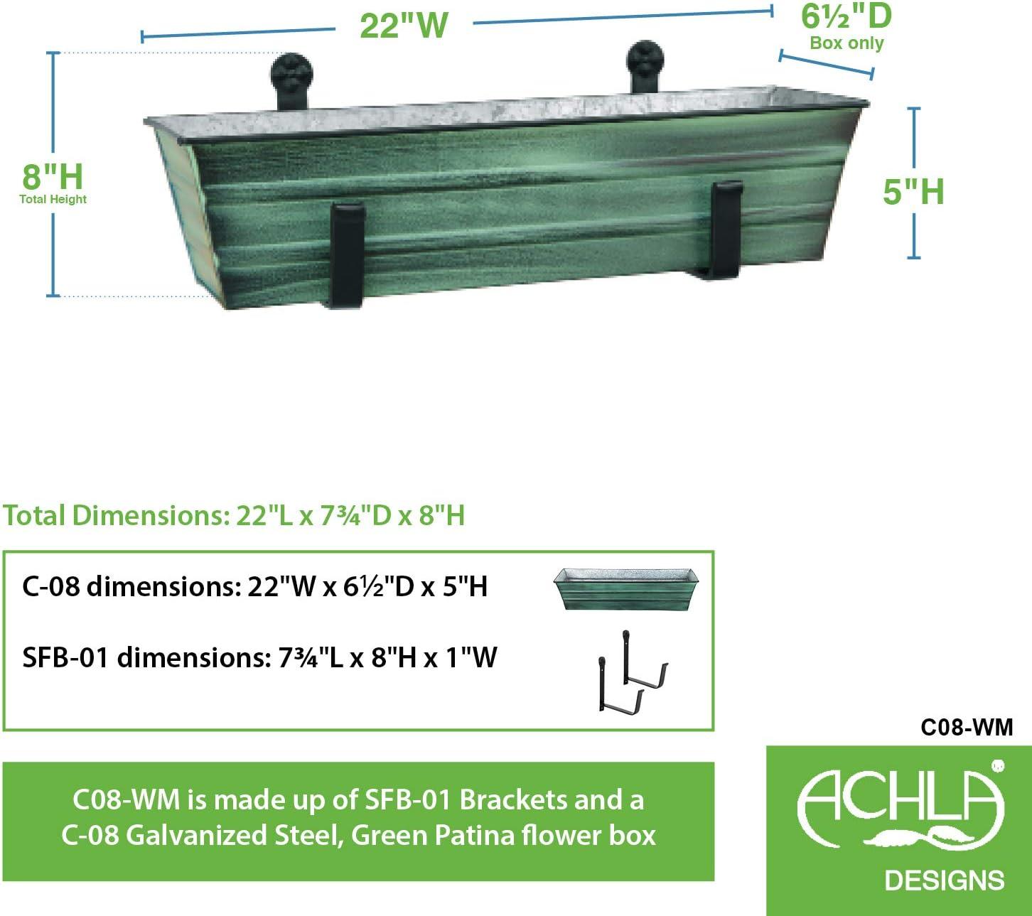 Small Galvanized Metal Rectangular Planter Box with Wall Brackets Green Patina - ACHLA Designs: Wrought Iron, Powder Coated, 8"H x 22"W