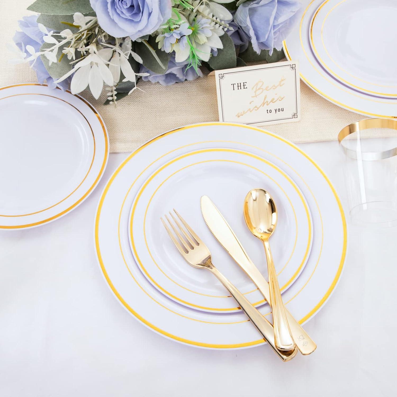 WELLIFE 150 Pcs Gold Plastic Plates, Plastic Dinnerware Set Includes: 25 Dinner plates 10.25", 25 Dessert plates 7.5", 25 gold Cups 9OZ and 25 gold Cutlery for Party