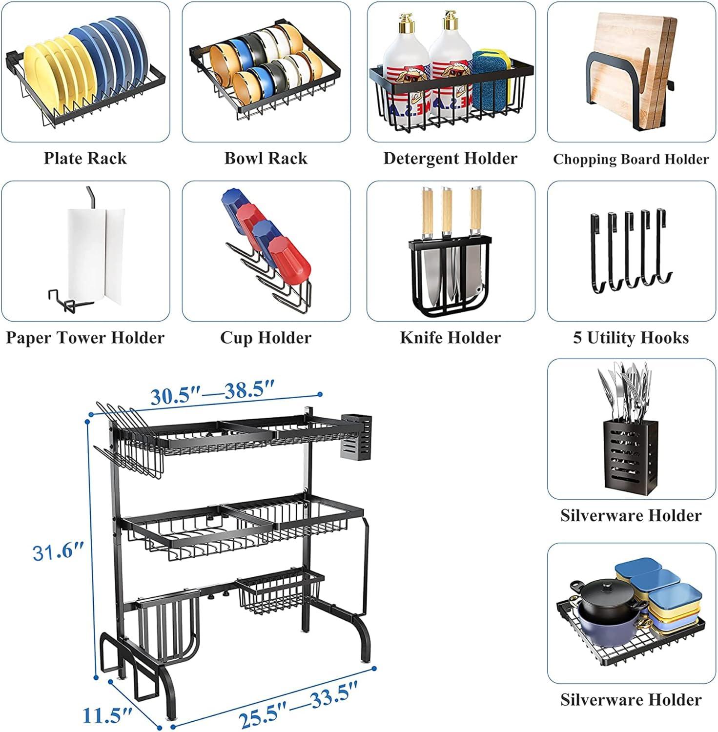 Adjustable Black Metal Over Sink 3-Tier Dish Drying Rack with Utensil Cup