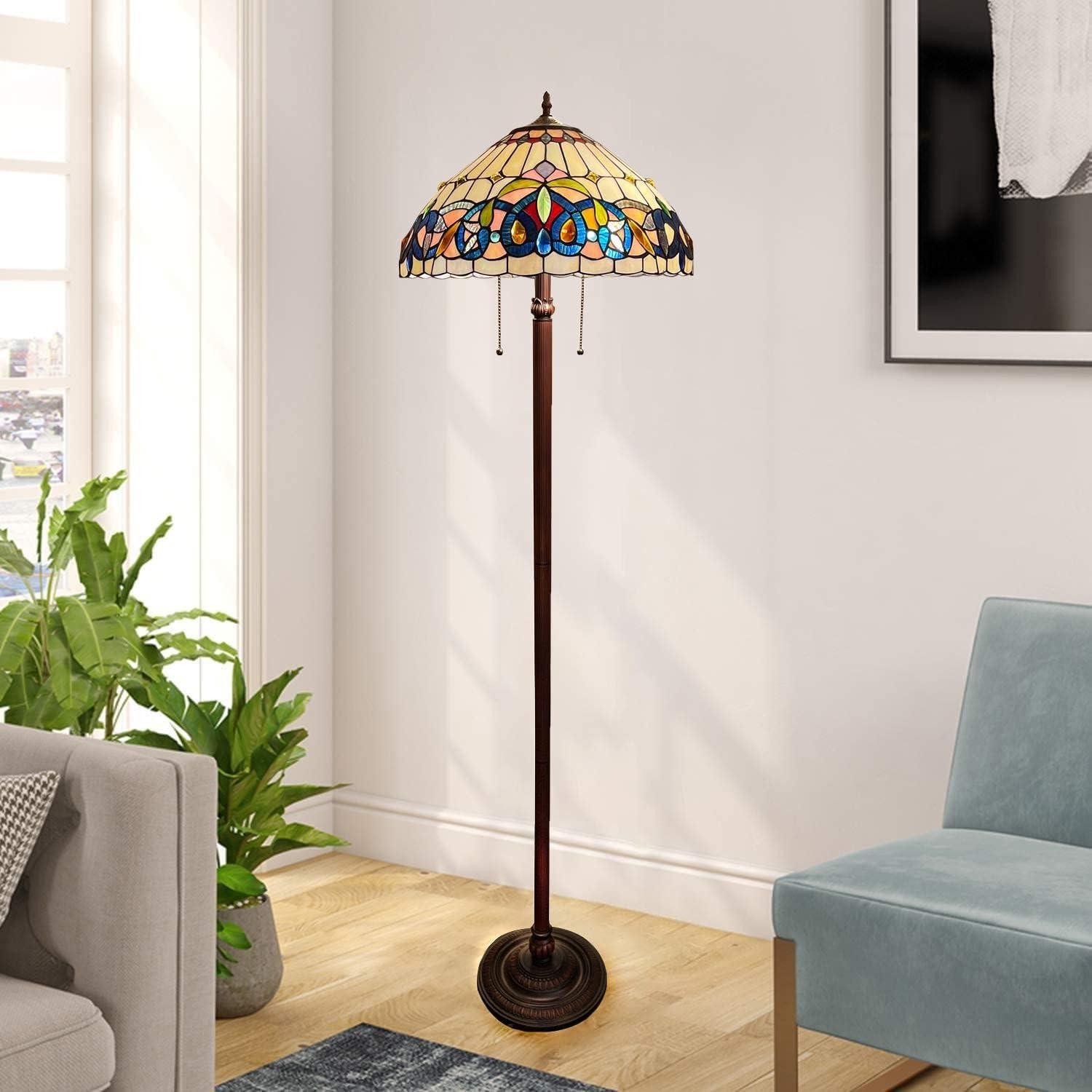 Victorian Tiffany-Style Dark Bronze Stained Glass Floor Lamp