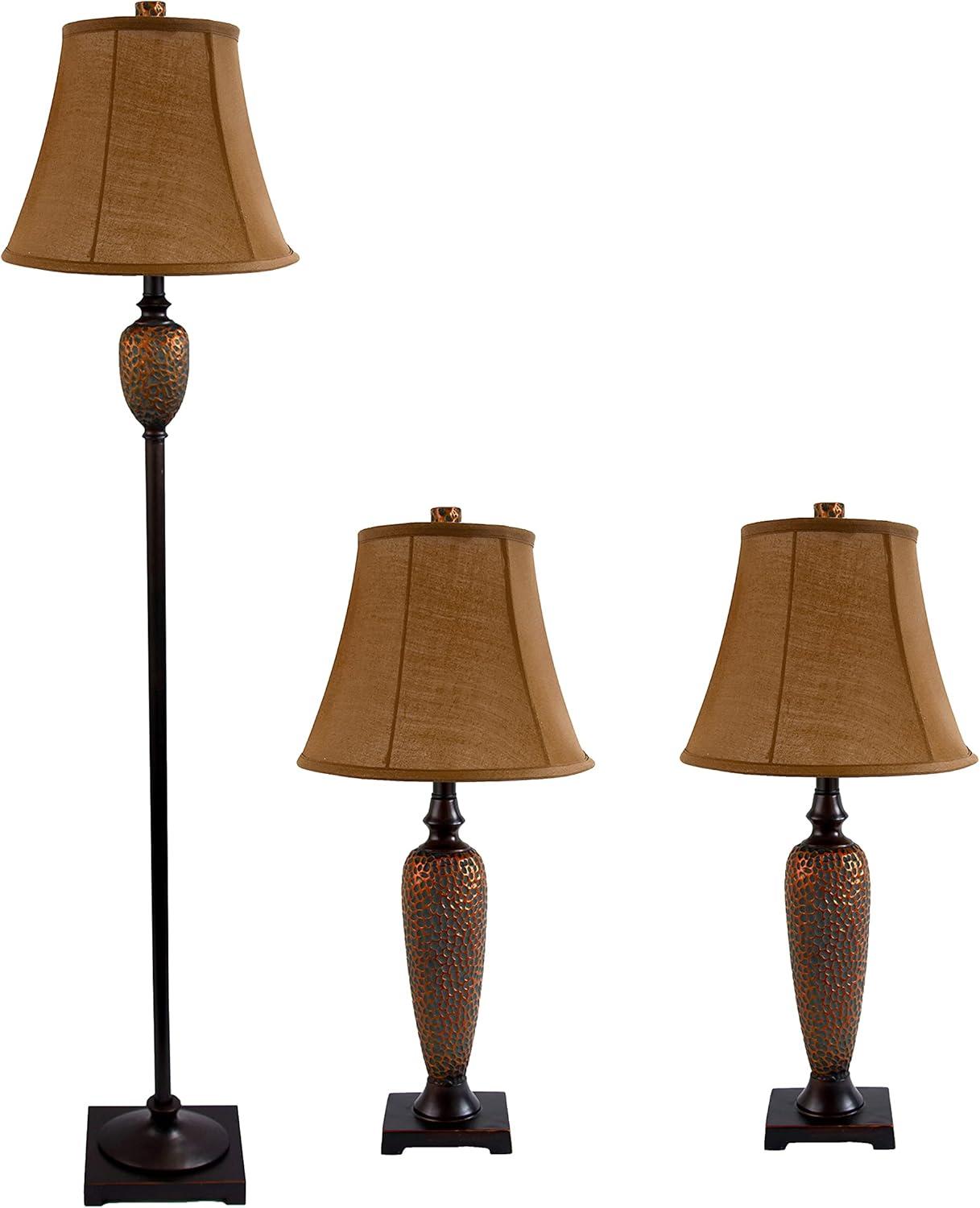 3pk Hammered Lamp Set (2 Table Lamps and 1 Floor Lamp) Bronze - Elegant Designs: UL Listed, Cotton Shades