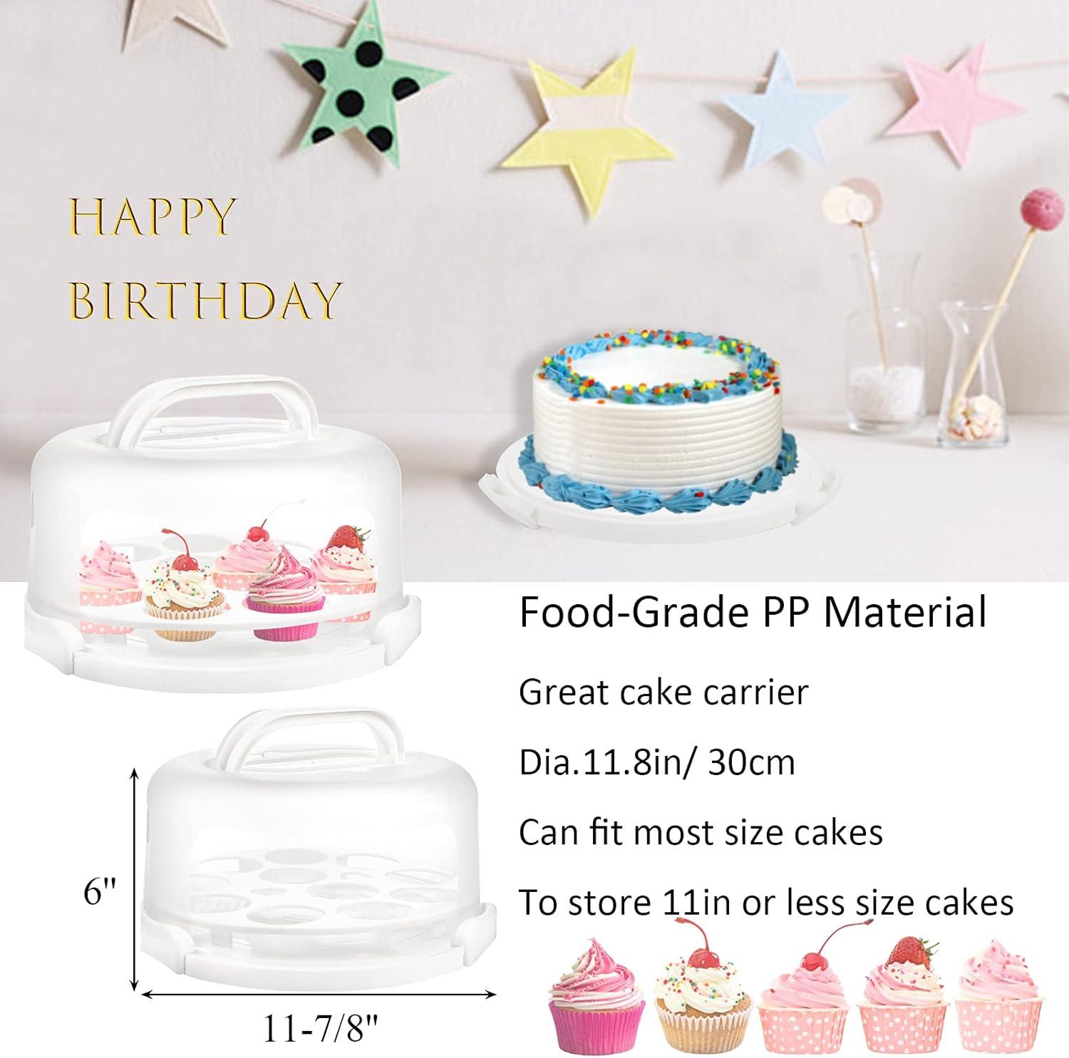 Cake Carrier with Collapsible Handle - White Cake Container and Holder with Lid