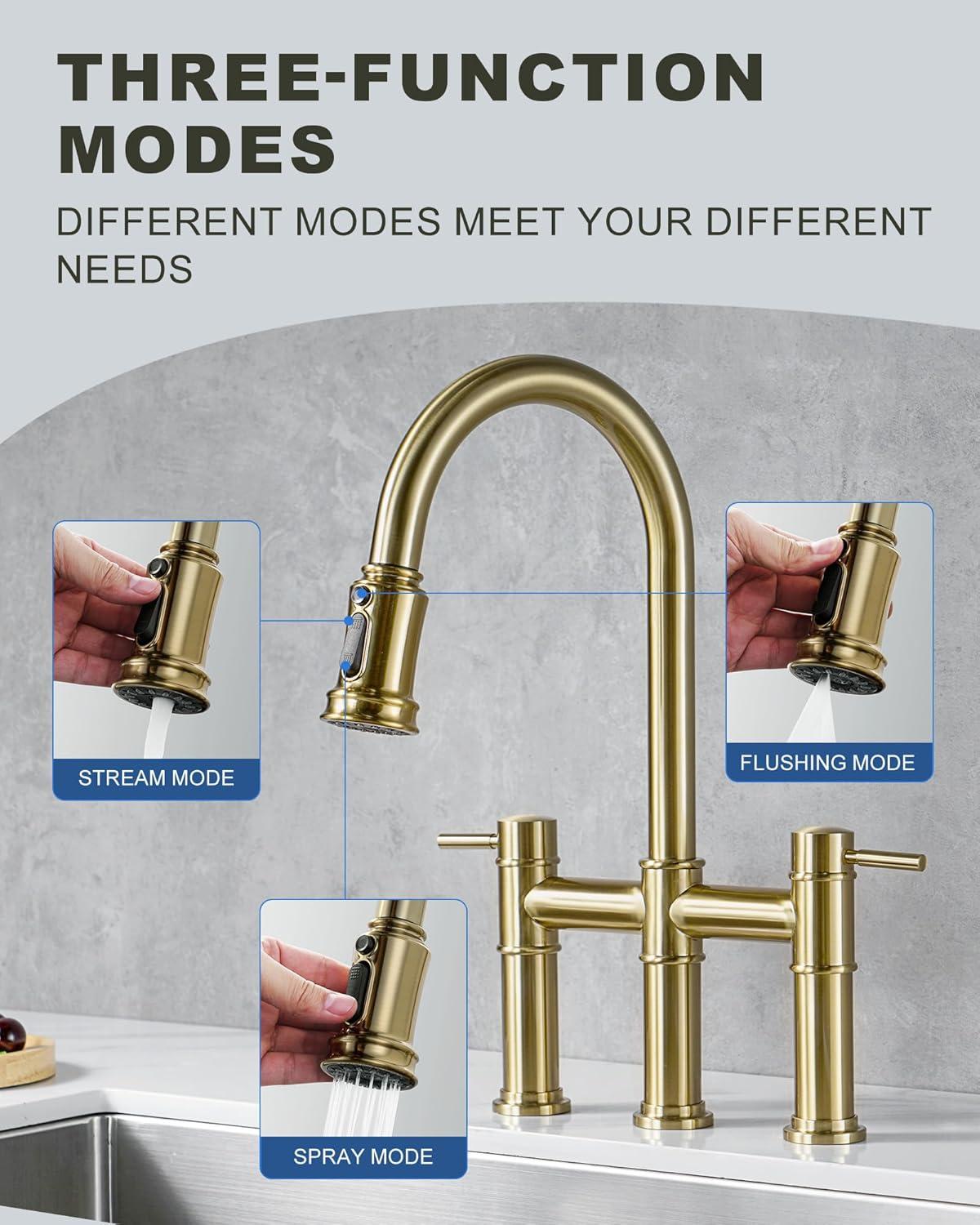 Gold Double Handle Bridge Kitchen Faucet with Pull Down Sprayer